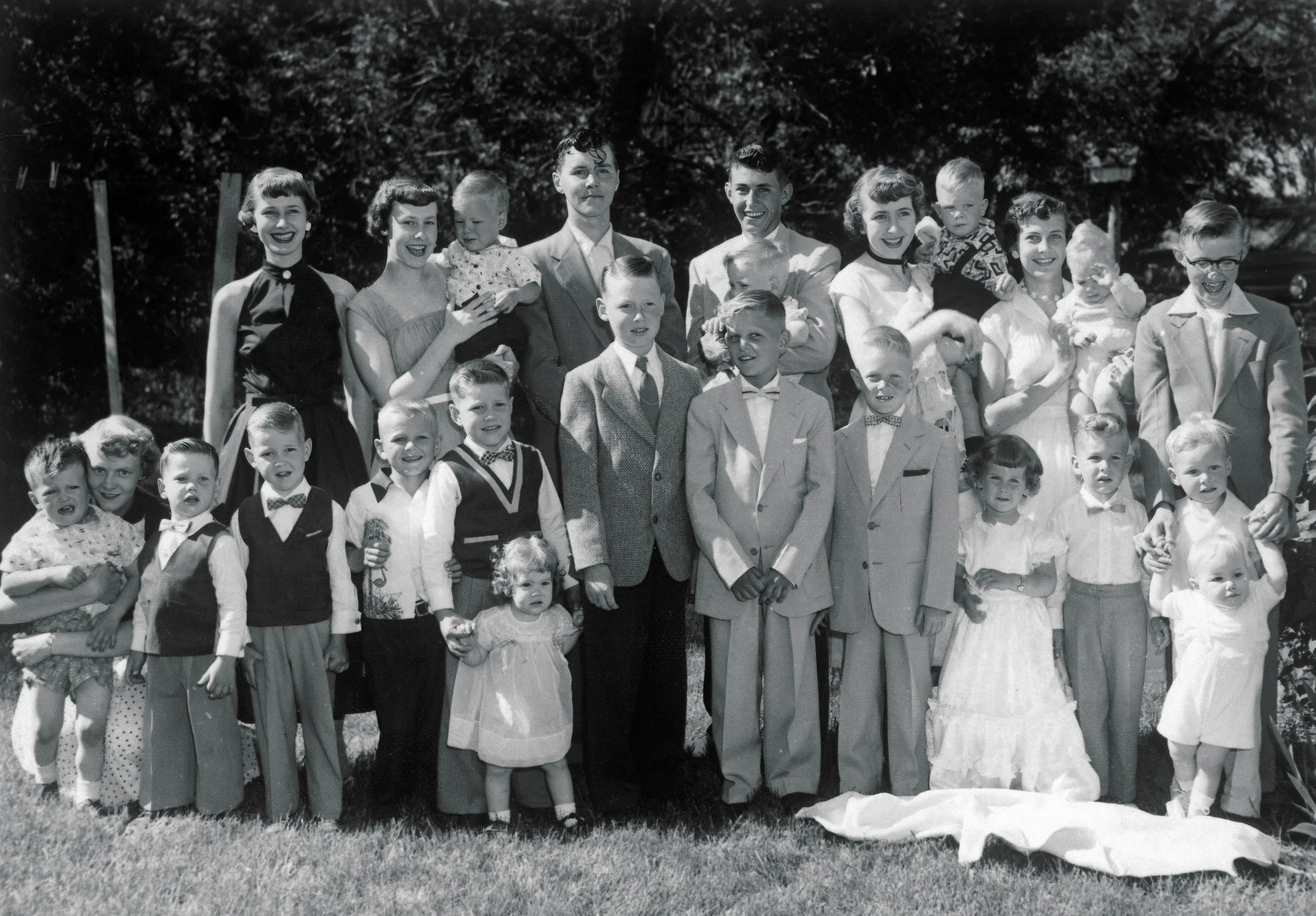 1954 - J.G. & Hosa Hall 50th anniversary - 1st cousin - Front: Greg Hall, JoeAnn Johnson,  Harvey Helgason, Wayne Helgason, Nick Hall, Stuart Helgason, Sherry Helgason, John Johnson, Monty Bolstad, Orin Bolstad, Jacqui Page, Randy Page, Warren Hall, 