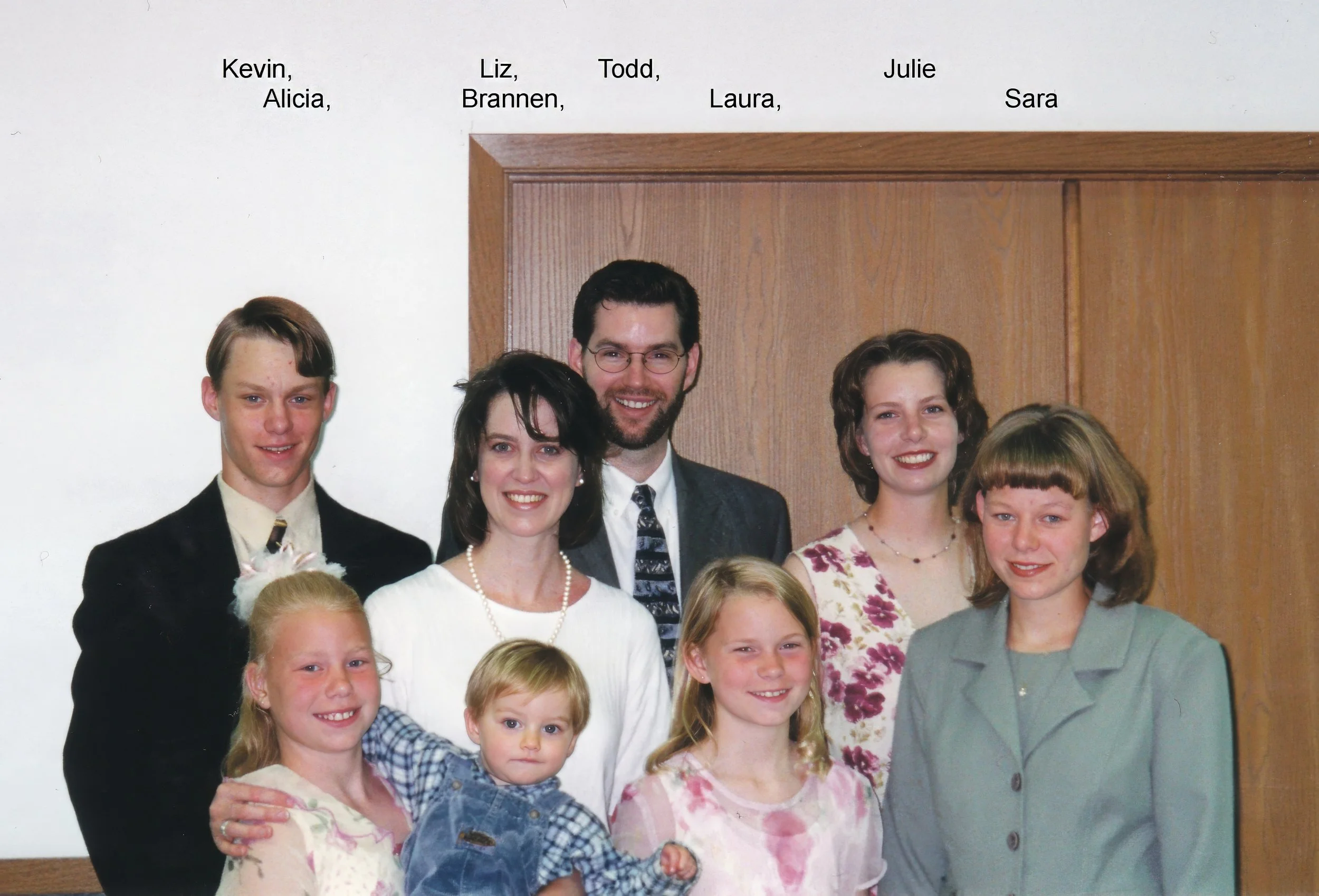 1999 - Christine Hall's 90th birthday party - Front: Alicia, Brennan, & Laura Hall. Back - Kevin, Liz, Todd, Julie, & Sarah Hall.