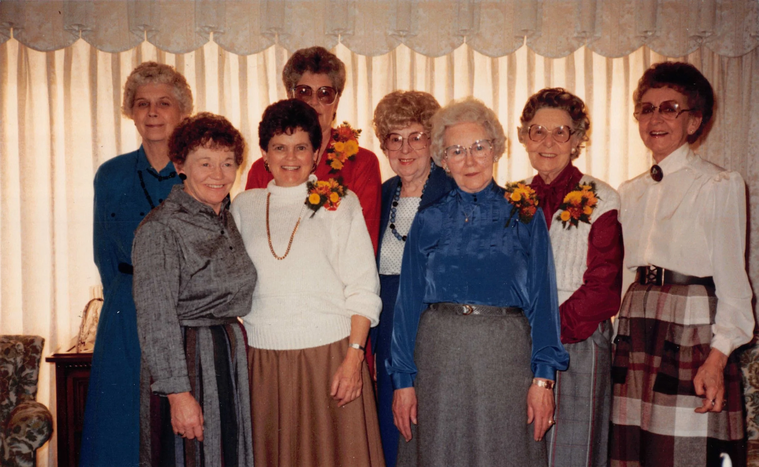 1986 - Sisters & sisters-in-law - Front: Wanda (Nelson) Hall, Wanda (Samson) Hall, Christine Hall; Back: Bernice Hall, Beverley Hall, Emma Johnson, Mae Meier, Pauline Page.