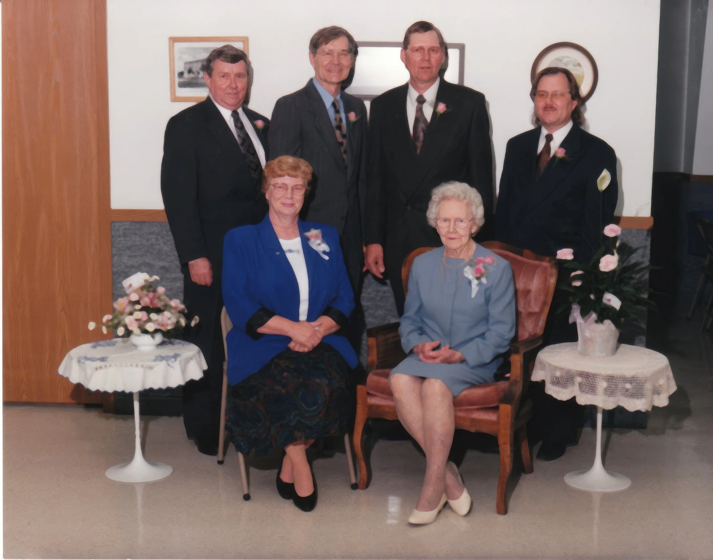 1999 - Christine's 90th birthday party. Front: Bernice Flanagan, Christine Hall. Back: Alfred, Walter, Warren, & Jay Hall.