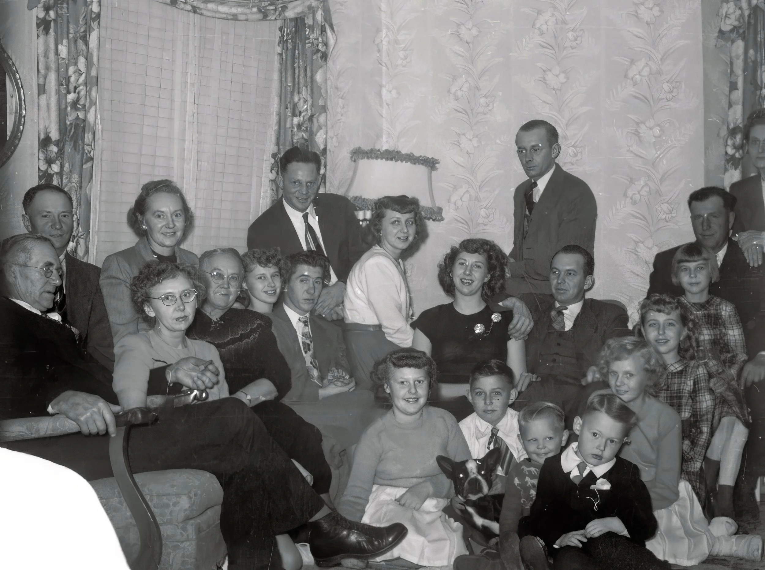1940s - Christmas on the Hall farm - Front: Pauline Johnson, [Monty Bolstad?], Orin Bolstad, John Johnson, JoeAnn Johnson, & Marilyn Meier. Middle: J.G. Hall, Rose Bolstad, Hosa Hall, Dodie Meier, John Hall, Lois Hall, Bill Hall, & Gladys Meier. Back