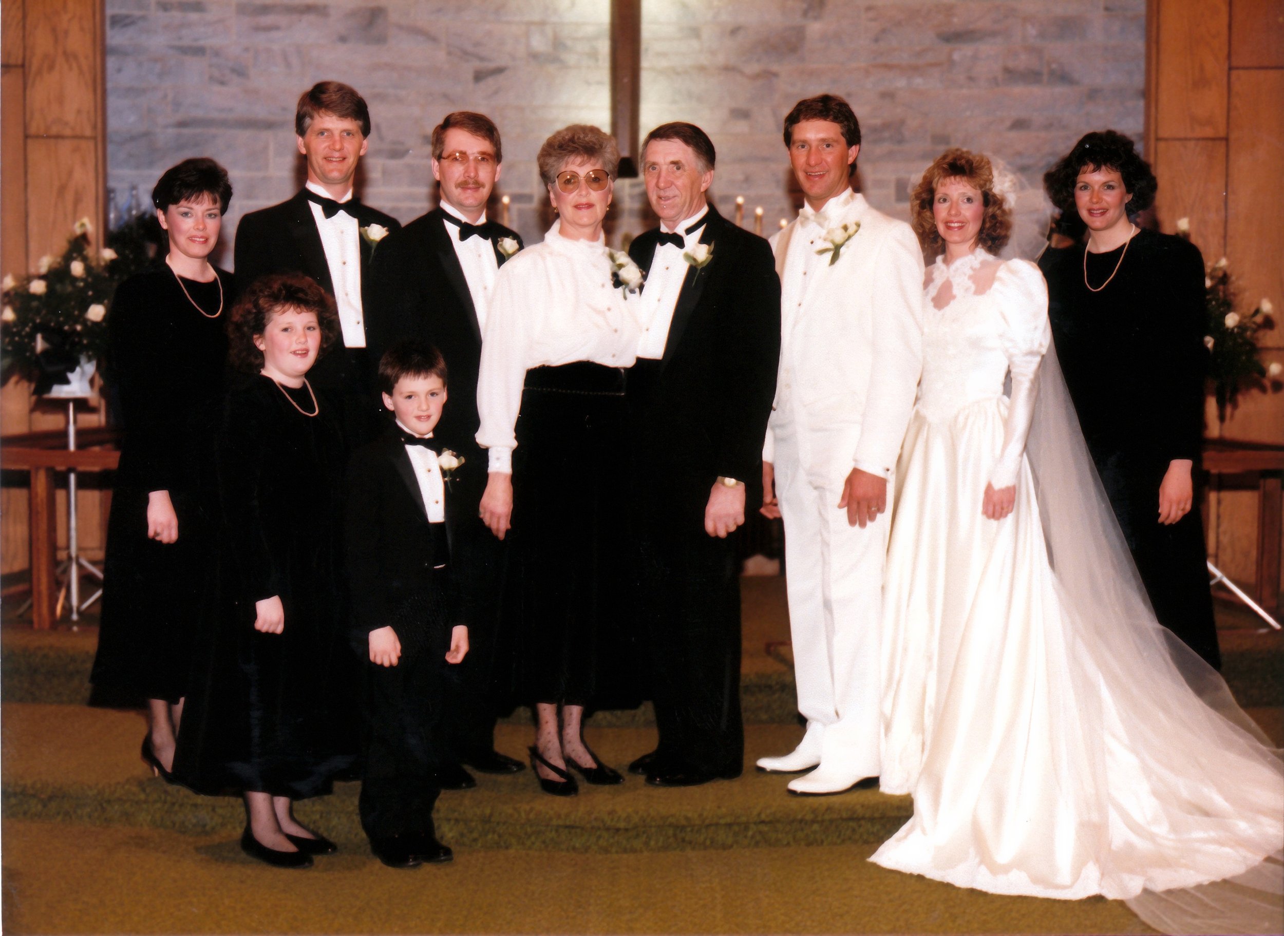 1987 - Fred & Dorothy's wedding - Front: Jodi & TJ Hall. Back: Ruth, Greg, Rodger, Beverley, John, Fred, Dorothy, & Connie Hall.