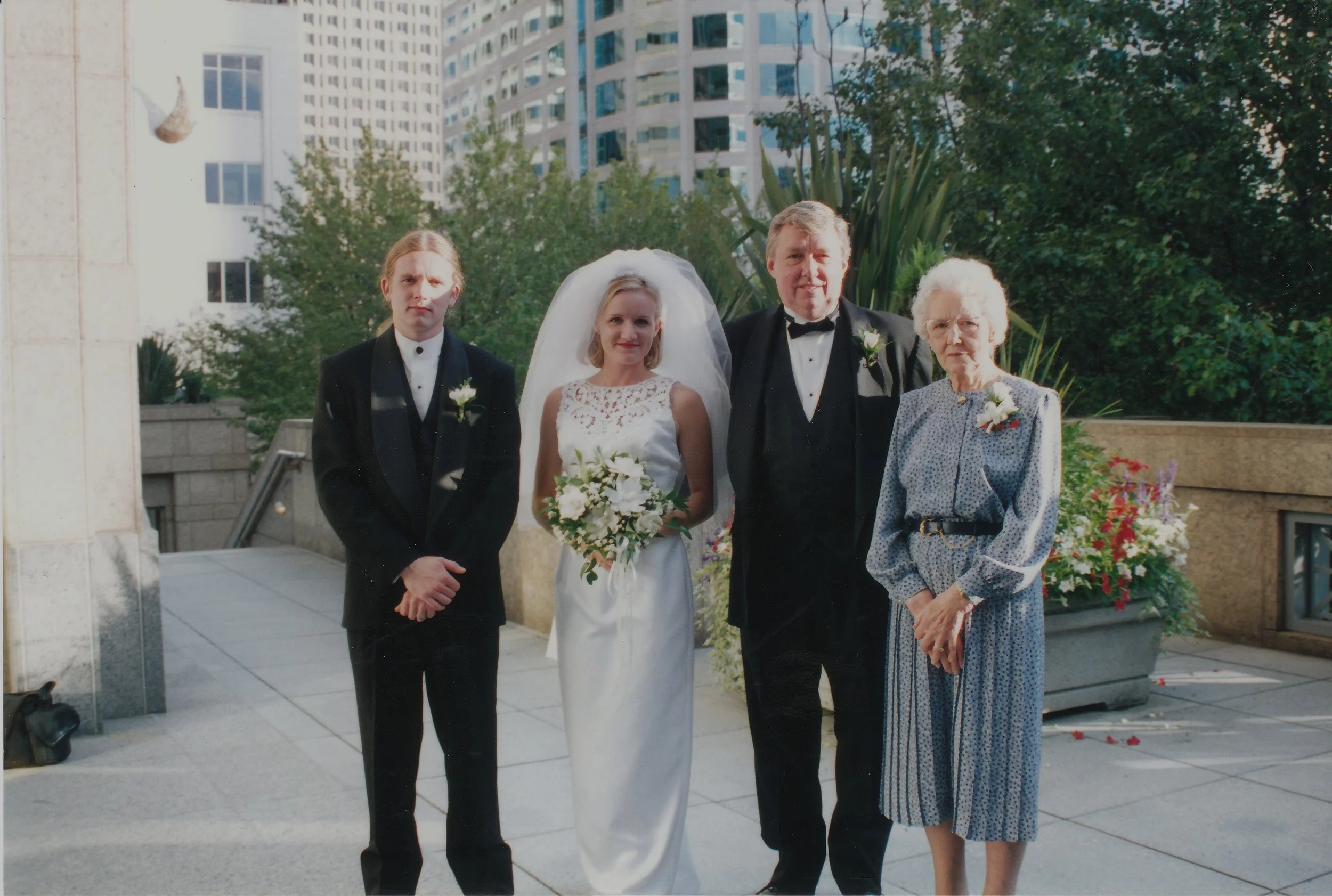 1997 - At Jolene & John Doke's wedding - Brandon Hall, Jolene Doke, Alfred Hall, Christine Hall.