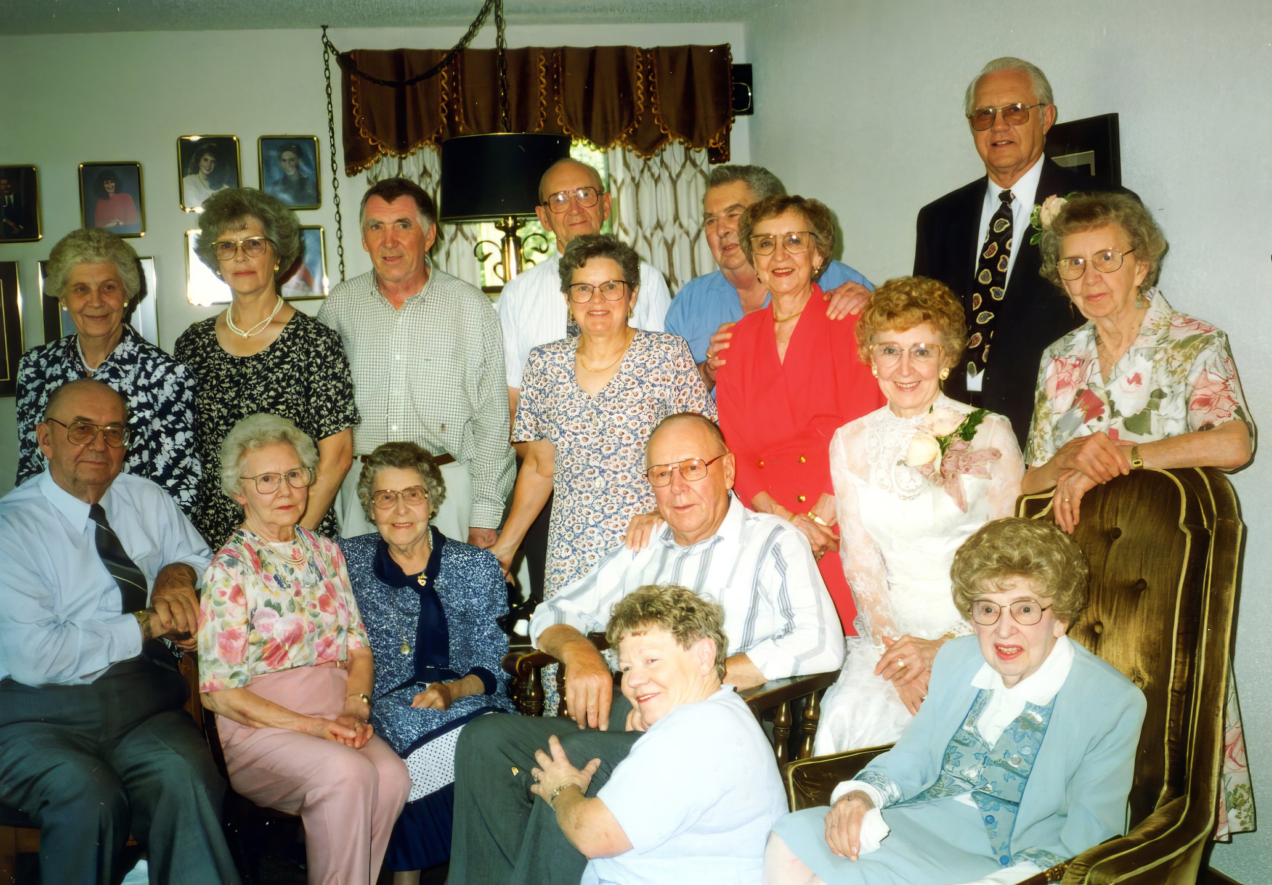 1995 - Hall siblings & spouses at gahering for Lillian & Don Myrdal's wedding - Front: Bill Hall, Christine Hall, Mae Meier, Edward & Wanda Hall, Emma Johnson. Back: Bernice Hall, Beverley & John Hall, Bjorn & Wanda (Samson) Hall, Jack & Pauline Page
