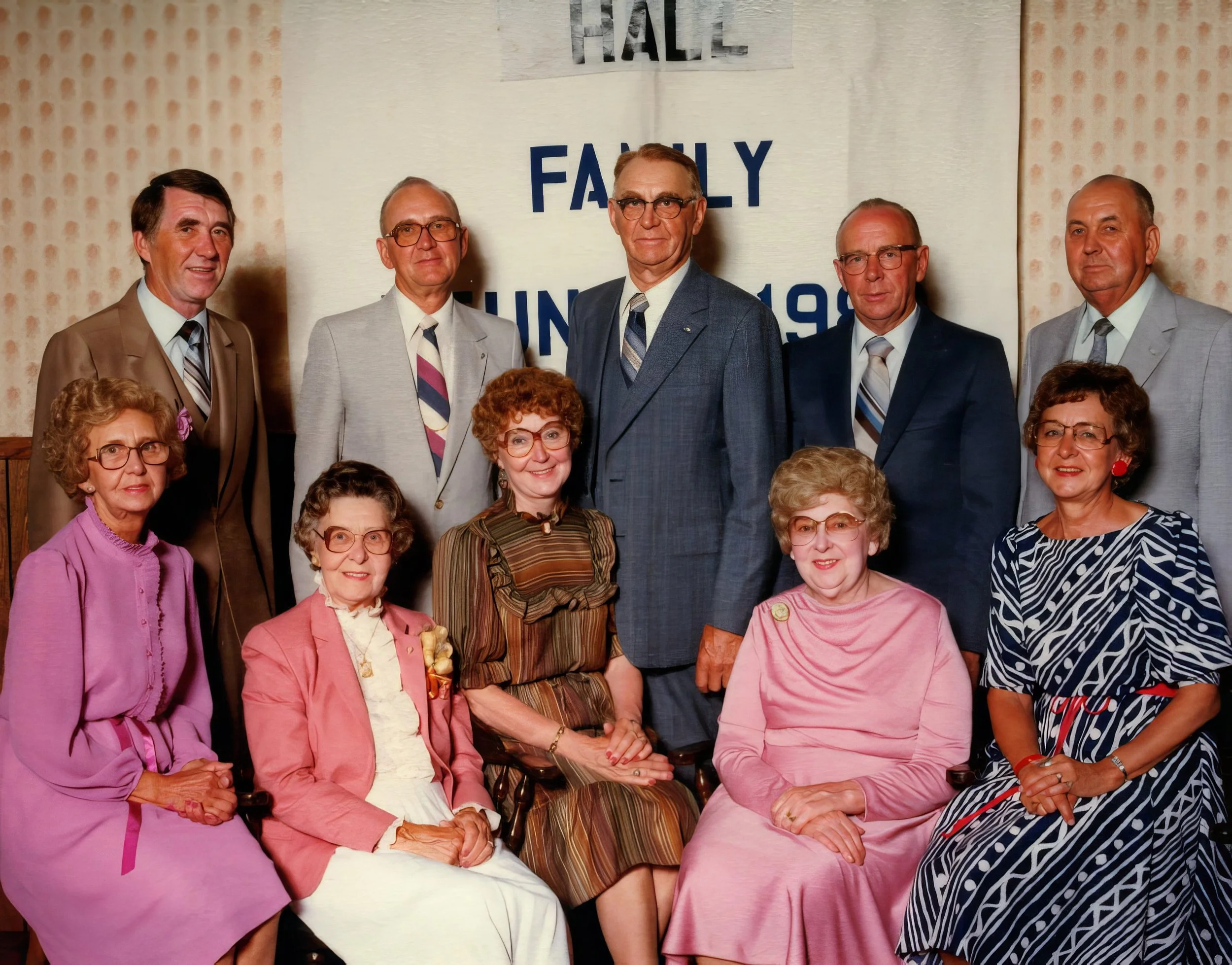 1982 - Family reunion - Hall siblings - Front: Rose Bolstad, Mae Meier, Lillian Helgason, Emma Johnson, Pauline Page. Back: John, Bjorn, Joe, Edward, & Bill Hall.