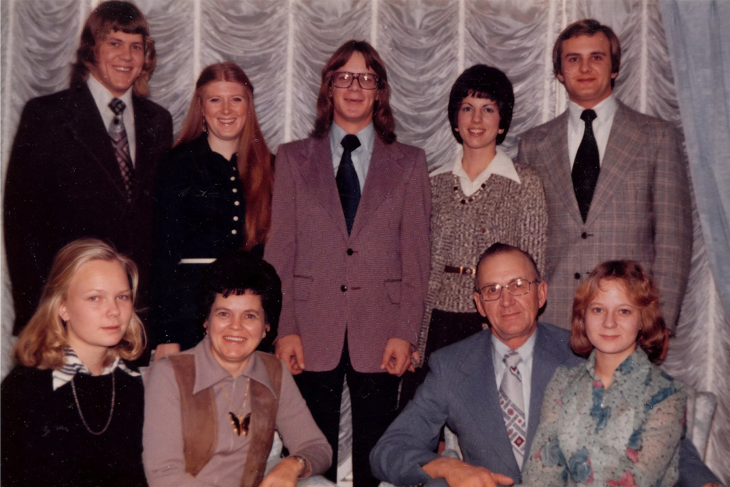 1974 - Front: Cecelia (exchange student); Wanda, Bjorn, & Laurie Hall. Back: Tom, Ruth, Doug, Mary, & Nick Hall.