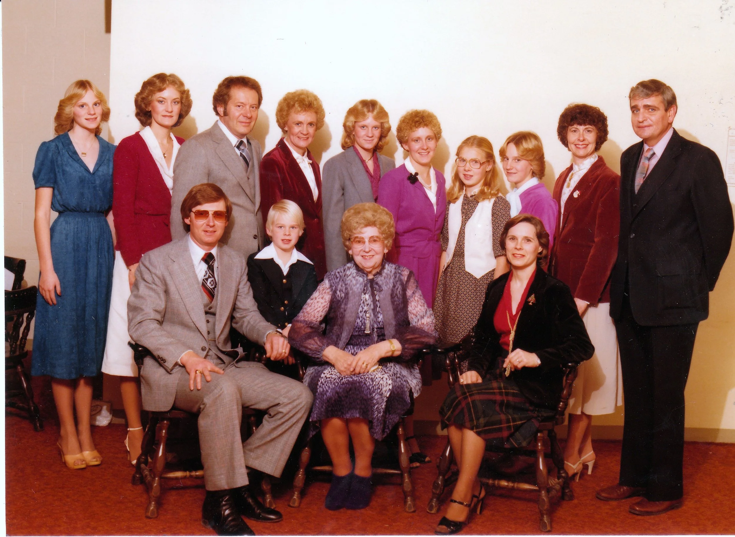 1980 - Front: John, Chris, Emma, & Kathie Johnson. Back: Leslie, Linnea, Harley, JoeAnn, Laura, & Louise Geiger; Suzanne Johnson; Bethann, Pauline, & Bud Sherry.