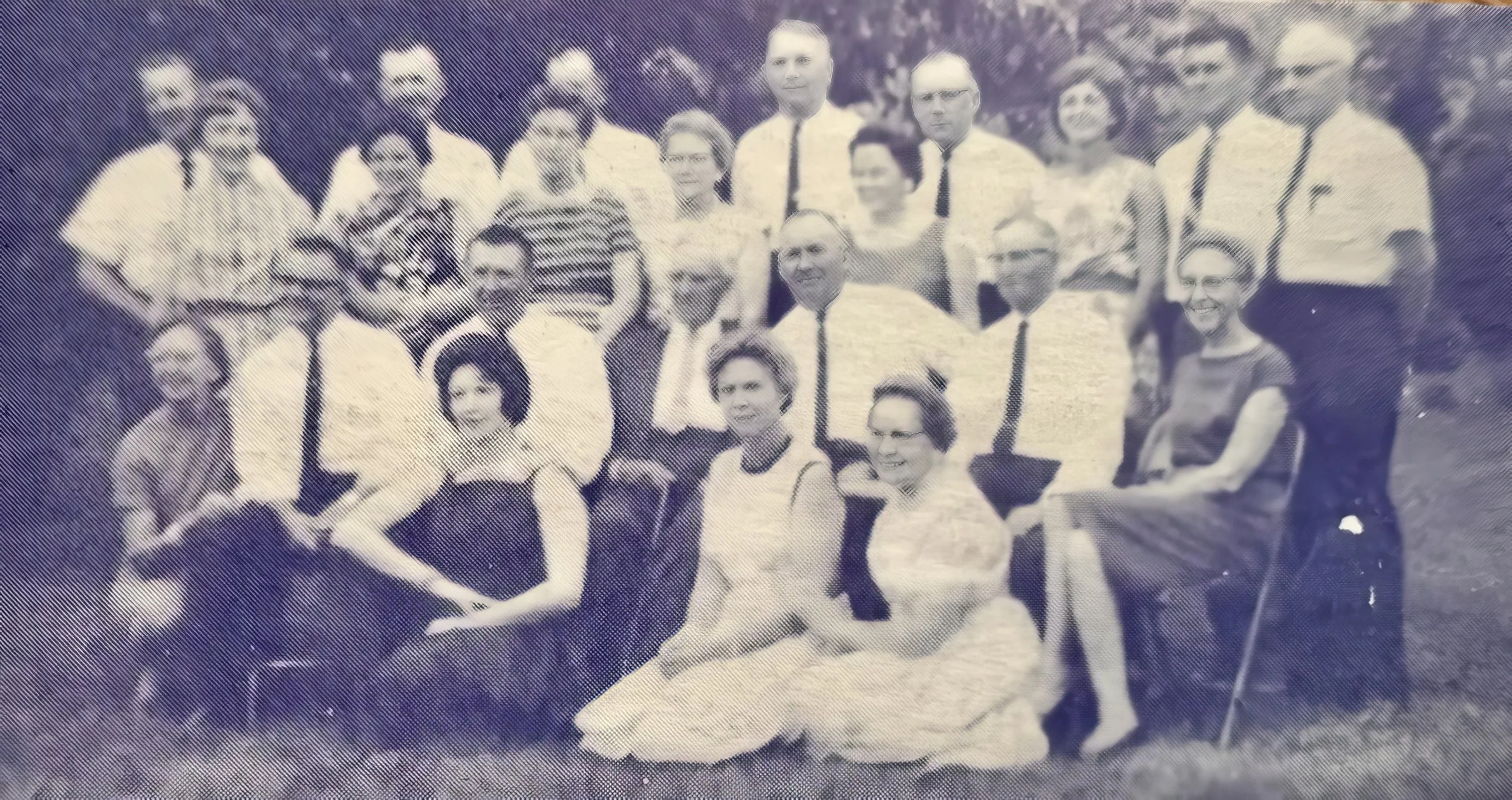 1965 - Hall siblings & spouses - Front: Rose & Oliver Bolstad, John & Beverley Hall, J.G. Hall, Bernice & Bill Hall, Emma & John Johnson, Caroline Johnson. Back: Steve & Lillian Helgason, Bjorn & Wanda (Samson) Hall, Louis & Mae Meier, Christine & Jo