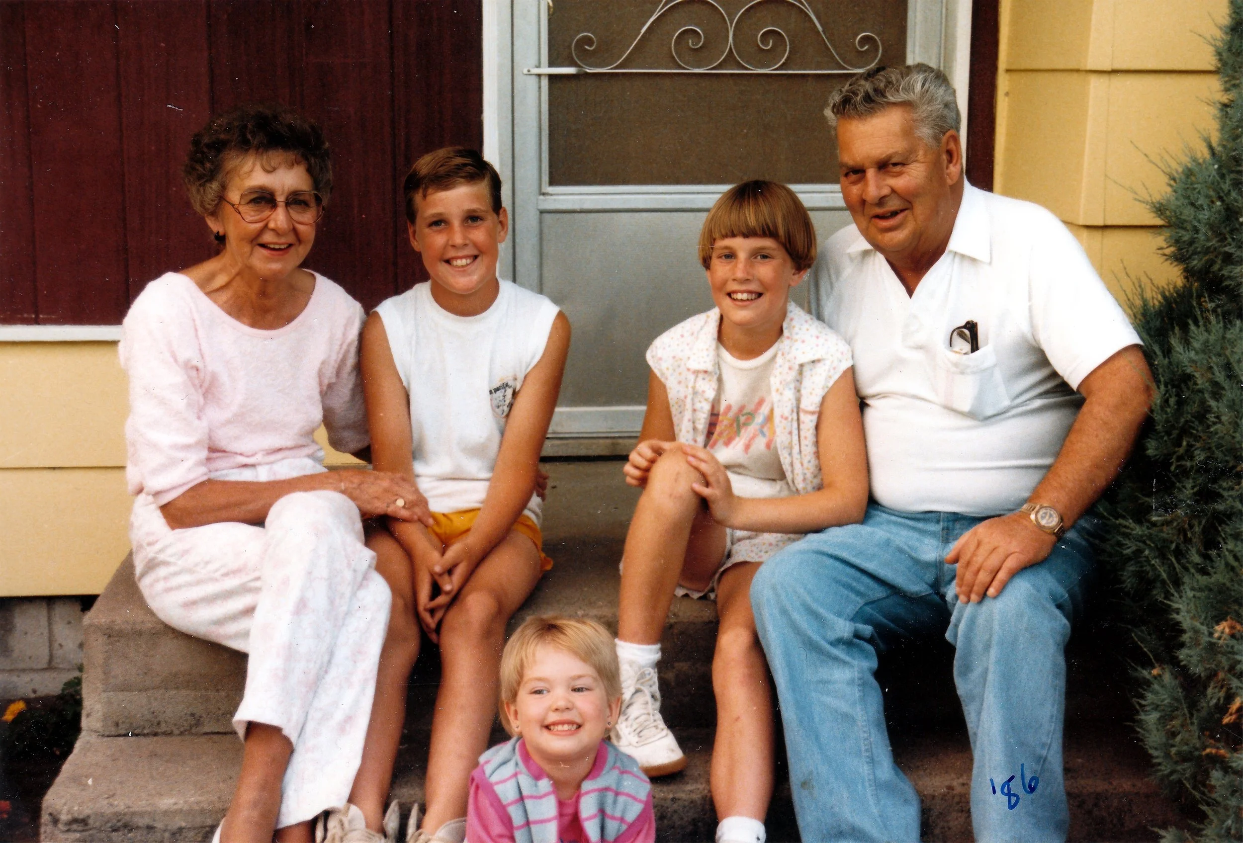 1986 - Front: Loree Page. Back: Pauline Page, JD & Janna Hillman, Jack Page.