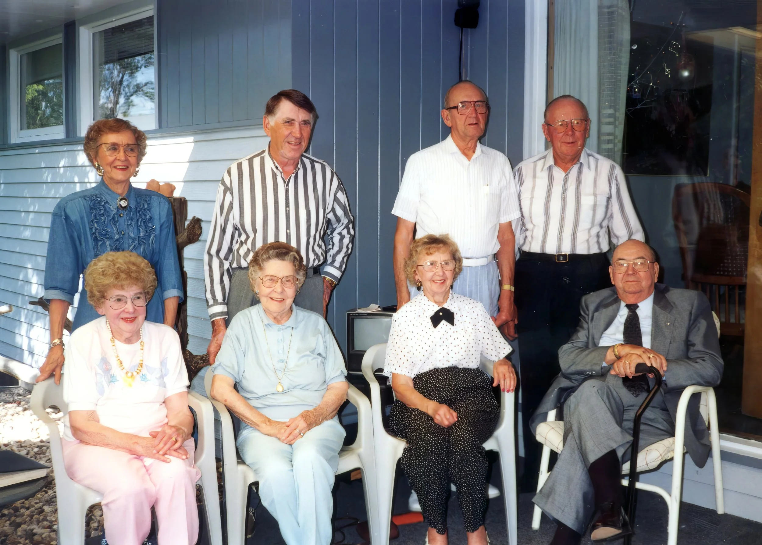 1990s - Siblings - Front: Emma Johnson, Mae Meier, Rose Bolstad, Bill Hall. Back: Pauline Page; John, Bjorn, & Edward Hall.
