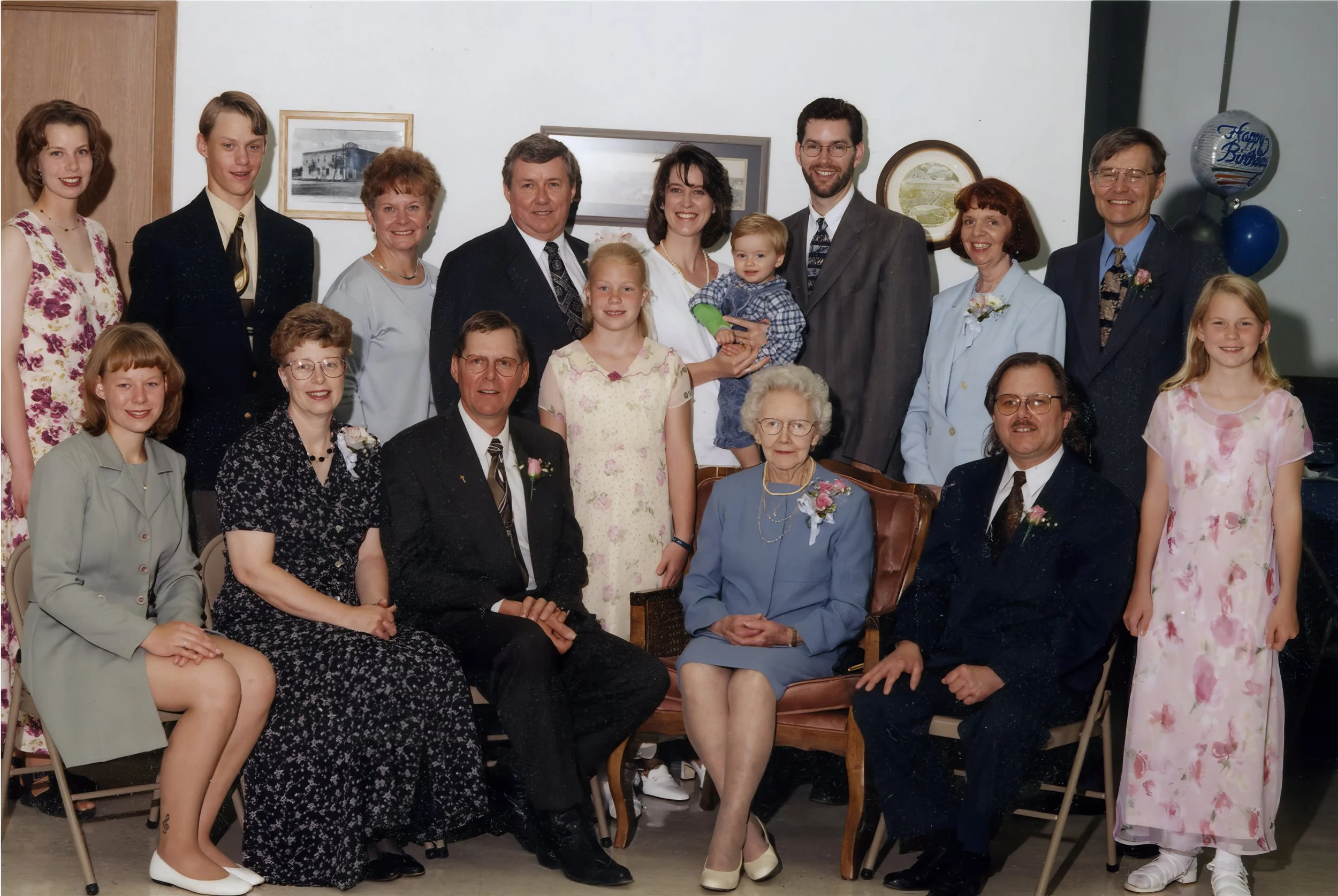 1999 - Christine's 90th birthday party - Front: Sarah, Marilyn, Warren Alicia, Christine, Jay, & Laura Hall. Back: Julie, Kevin, Margie, Alfred, Liz, Brennan, Todd, Merilee, & Walter Hall.