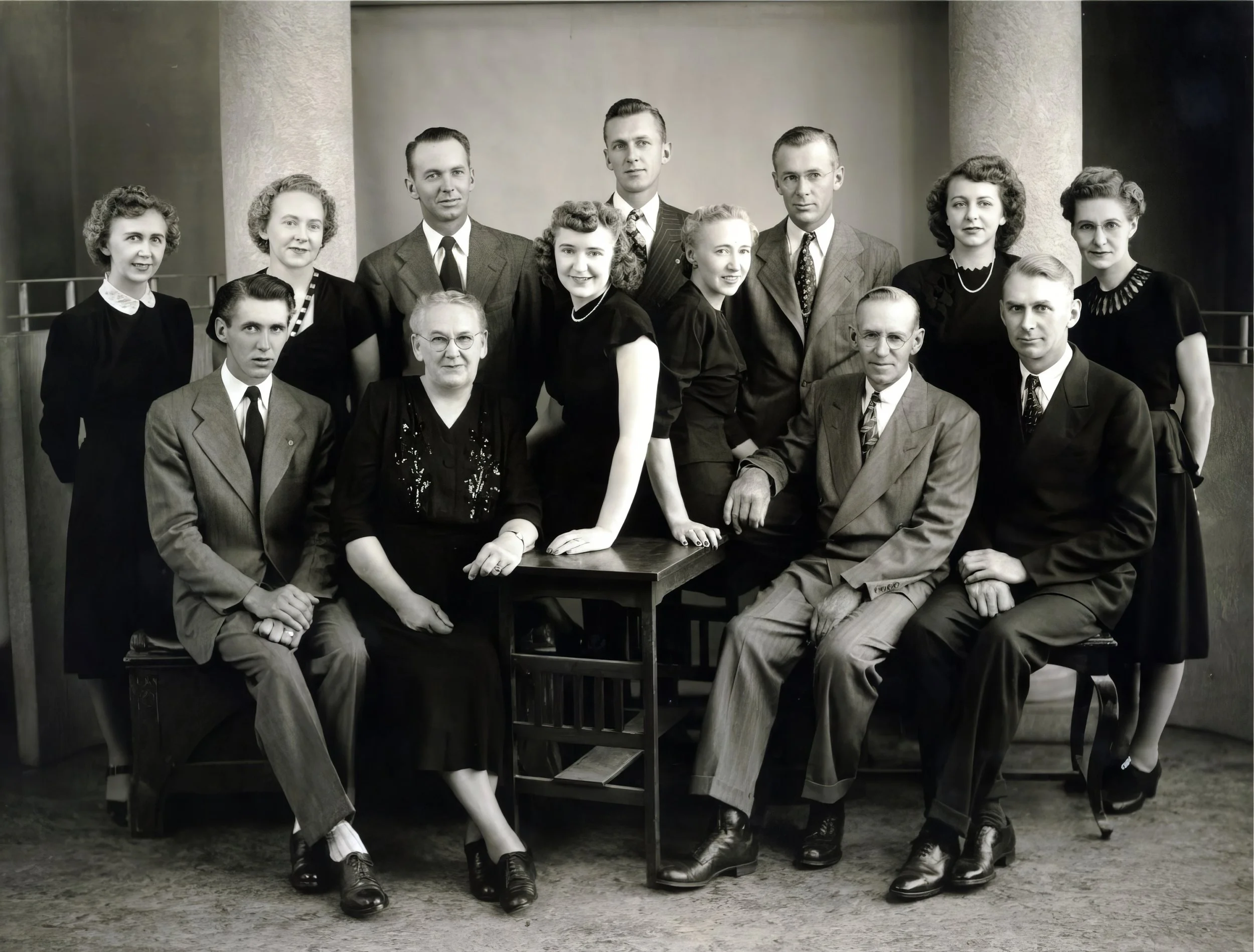 1947 - Hall family portrait - Front: John Willmar Hall, Hosianna (Hosa) Gudbjorg Walter Hall, Lillian Hosianna Hall Helgason Myrdal, Caroline Valgerdur Hall Johnson, Johann Gunnar (J.G.) Hall, Joseph (Joe) Walter Hall. Back: Ethel Rosalynde (Rose) Ha