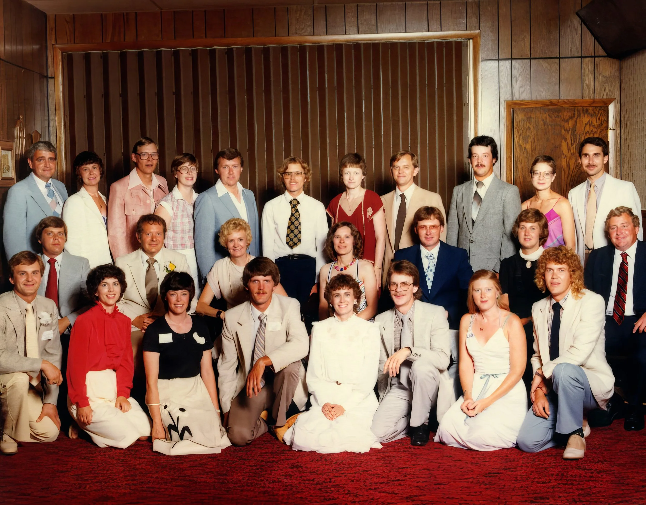 1982 - Family reunion - 1st cousins & spouses group 1 of 2 - Front: Nick, Mary, Ruth, Greg, Jill, Doug, Ruth, & Tom Hall. Middle: Jon Page, Harley & JoeAnn Geiger, Kathie & John Johnson, Jacqui & Dave Hillman. Back: Bud & Pauline Sherry; Warren, Mari