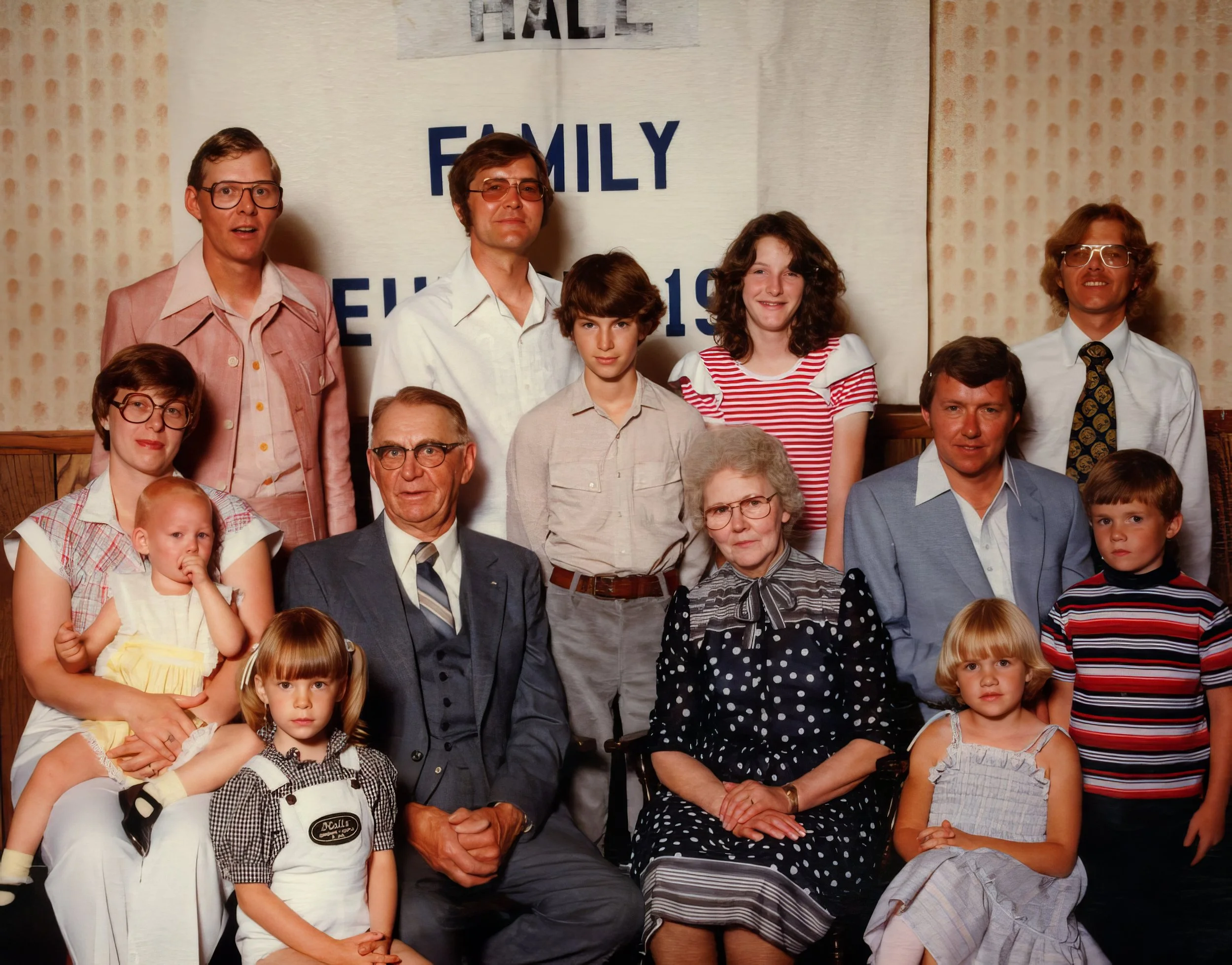 1982 - Family reunion - Front: Marilyn, Sarah, Julie, Joe, Christine, Jolene, & Brandon Hall. Back: Warren, Walter, Todd, Lisa, Alfred, & Jay Hall.