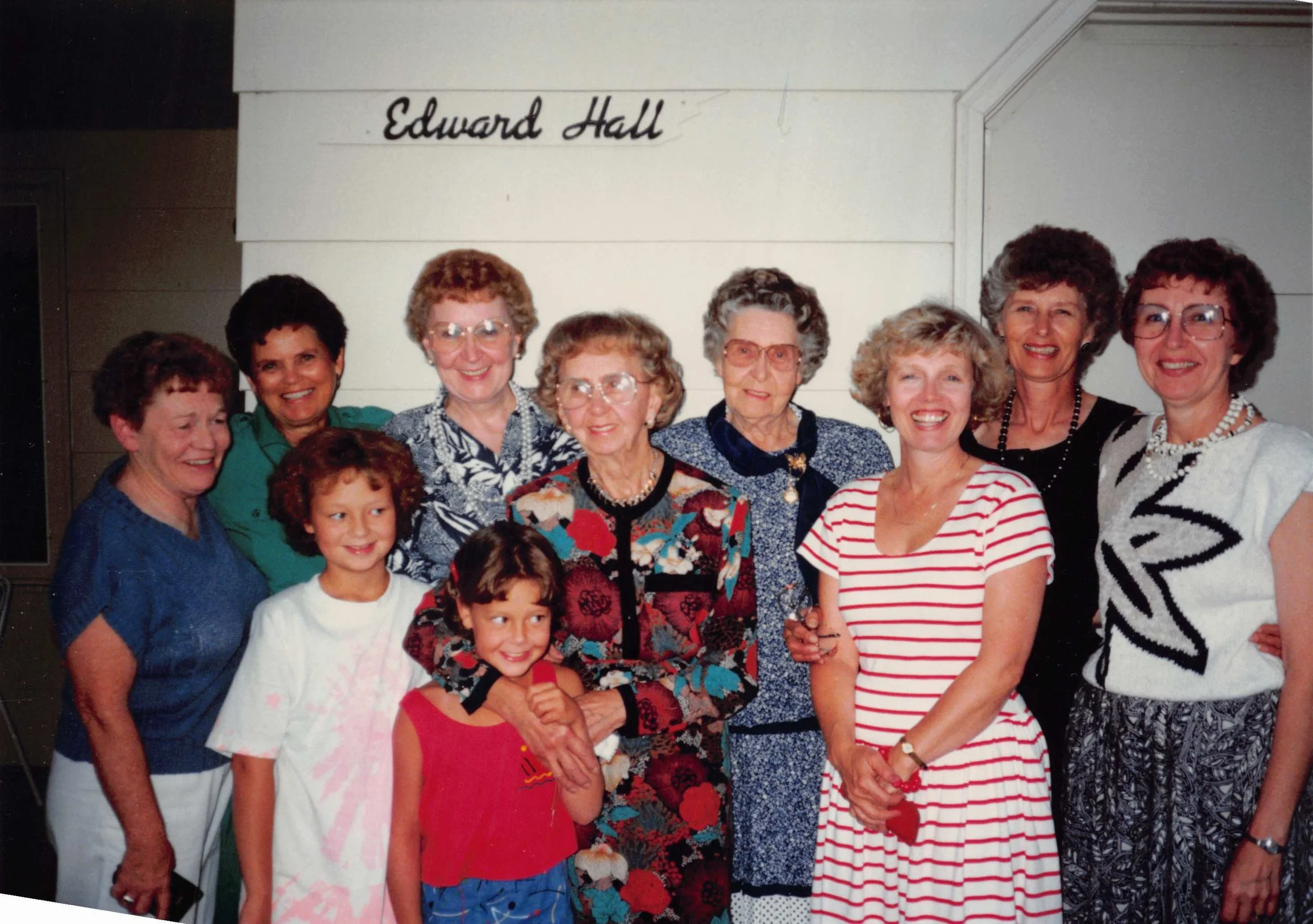 1989 - Front: Kate & Jessica Larson, Rose Bolstad, DelRae Meier. Back: Wanda (Nelson) Hall, Wanda (Samson) Hall, Lillian Helgason, Mae Meier, Dodie Boe, Marilyn Hegre.
