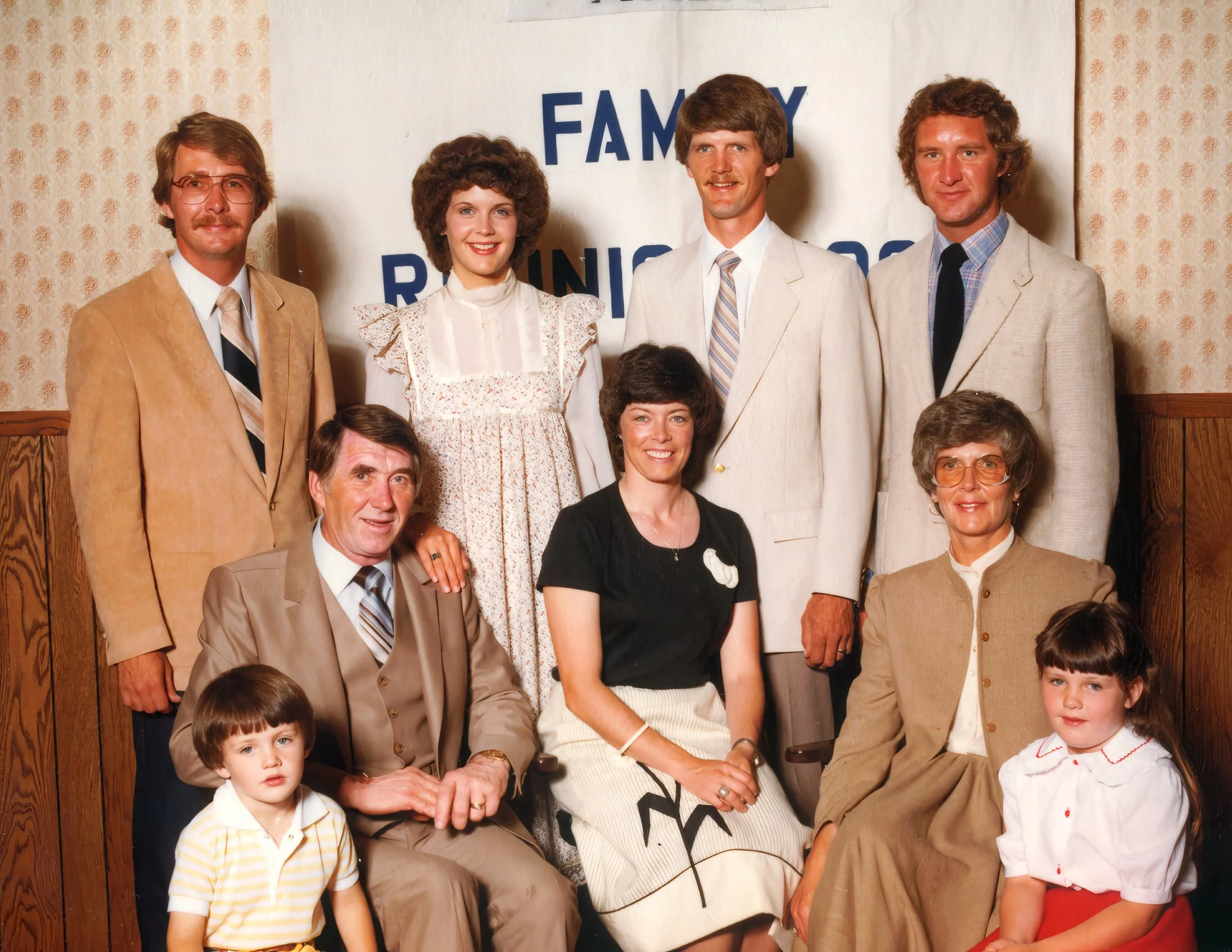 1982 - Family reunion - Front: TJ, John, Ruth, Beverley, & Jodi Hall; Back - Rodger, Connie, Greg, & Fred Hall.