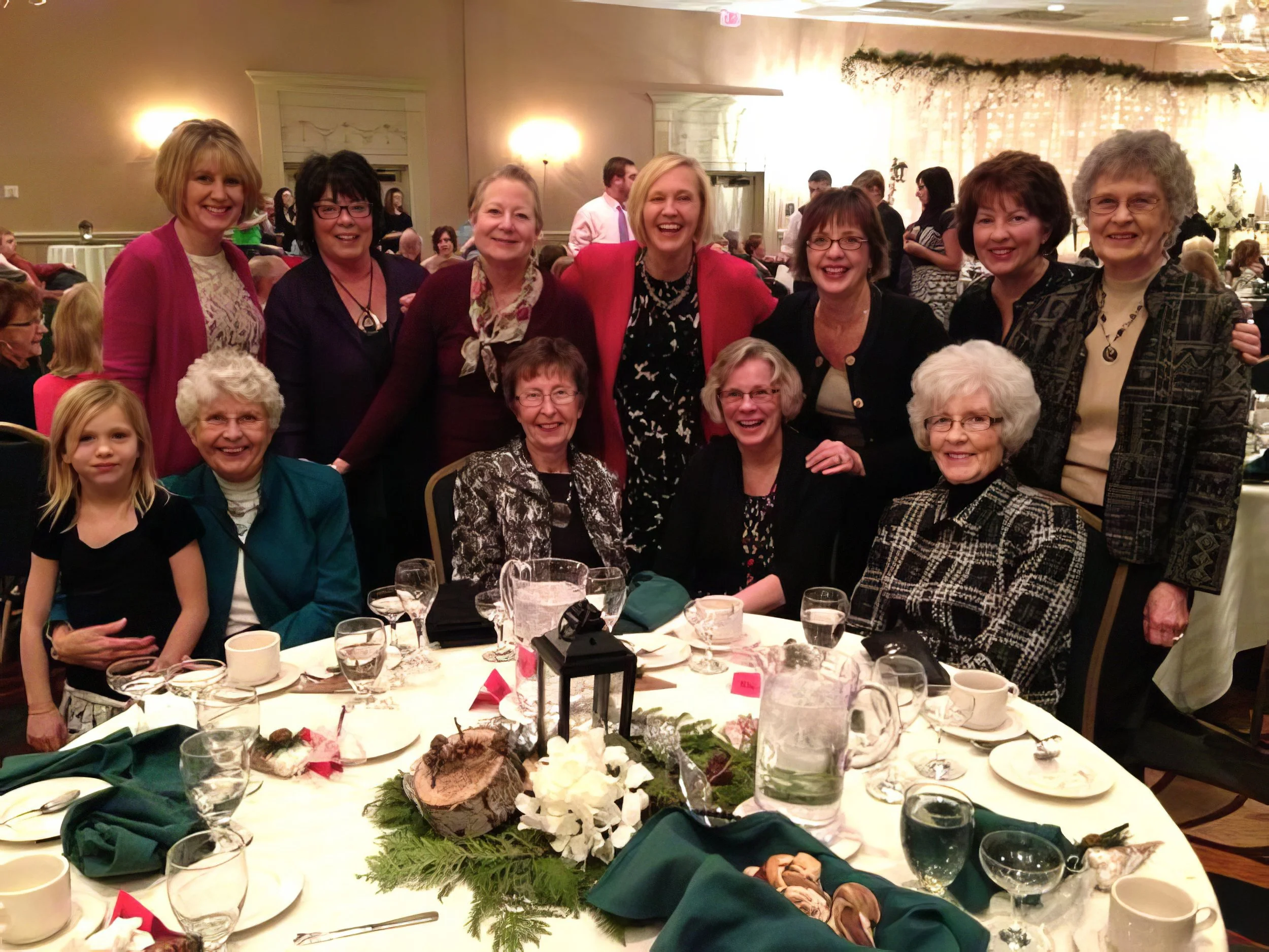 2012 - Front: [unknown], Gladys Hammer, Marilyn Hegre, Kathie Johnson, Beverley Hall. Back: Daidre Kendall, Ruth Hall, Laurie Larson, Joann Hall Swenson, Dorothy Hall, Mary Hall, Dodie Boe.