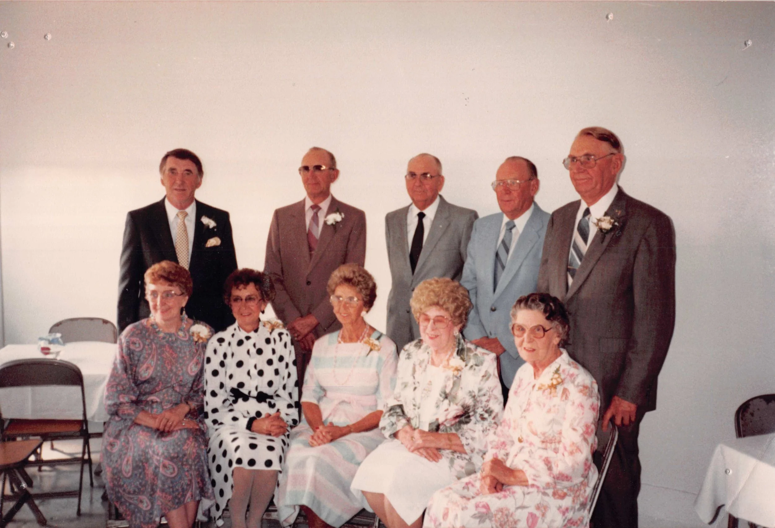 1986 - Siblings - Front: Lillian Helgason, Pauline Page, Rose Bolstad, Emma Johnson, Mae Meier. Back: John, Bjorn, Bill, Edward, & Joe Hall.