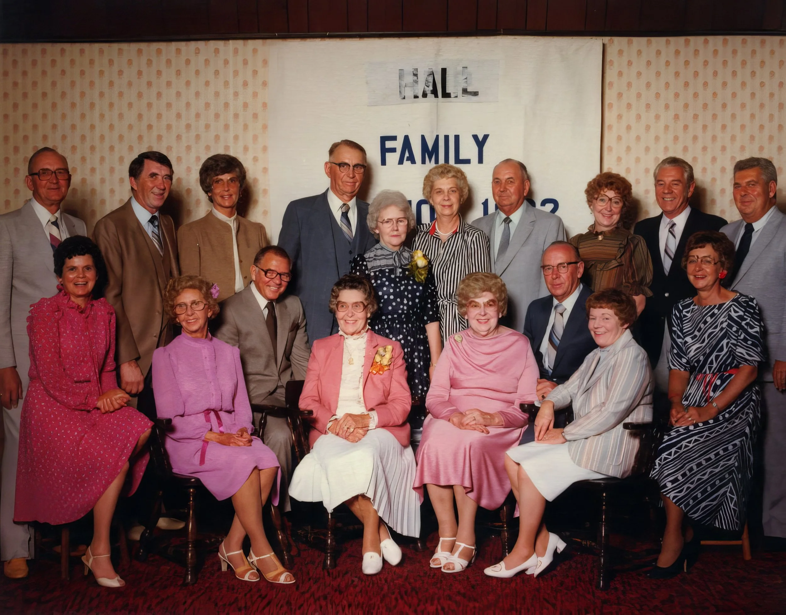 1982 - Family reunion - Hall siblings & spouses - Front (sitting): Wanda (Samson) Hall, Rose & Oliver Bolstad, Mae Meier, Emma Johnson, Edward & Wanda (Nelson) Hall, Pauline Page. Back (standing): Bjorn, John, Beverley, Joe, Christine, Bernice, & Bil