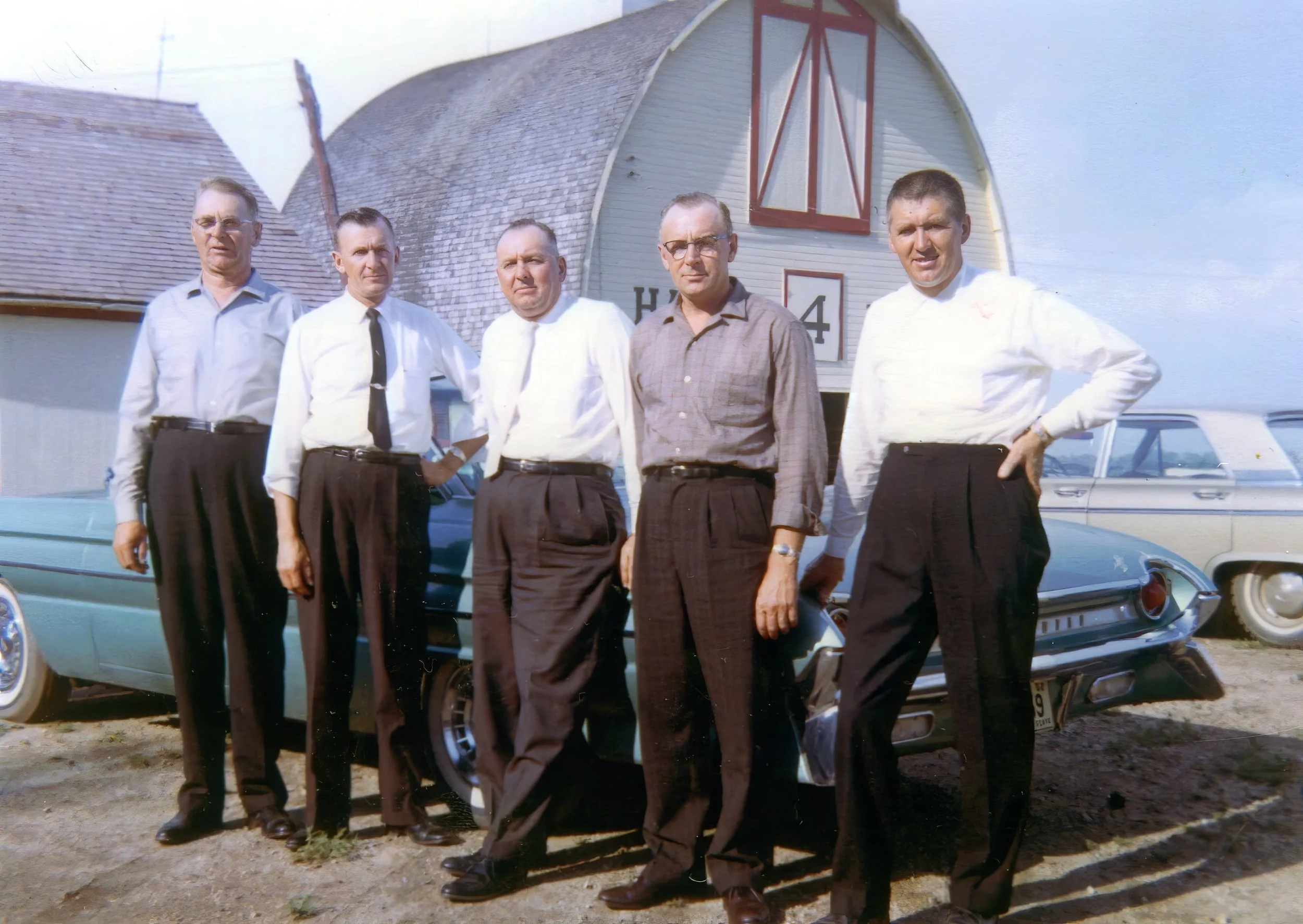 1962 - Hall family picnic at Joe Thompson farm in Nash, ND - Brothers - Joe, Bjorn, Bill, Edward & John Hall. 