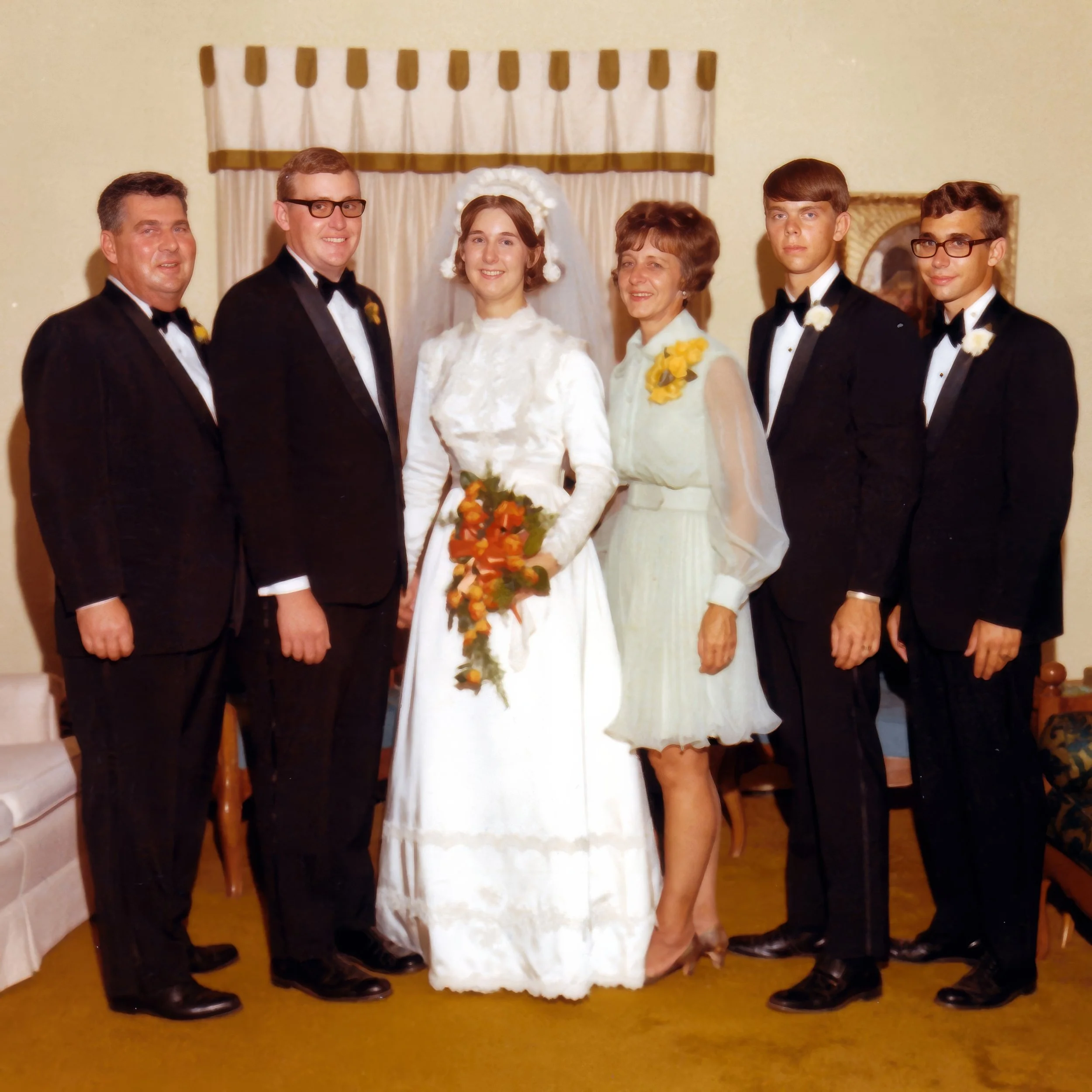 1970 - At Dave & Jacqui's wedding - Jack Page; Dave & Jacqui Hillman; Pauline, Jon, & Randy Page.
