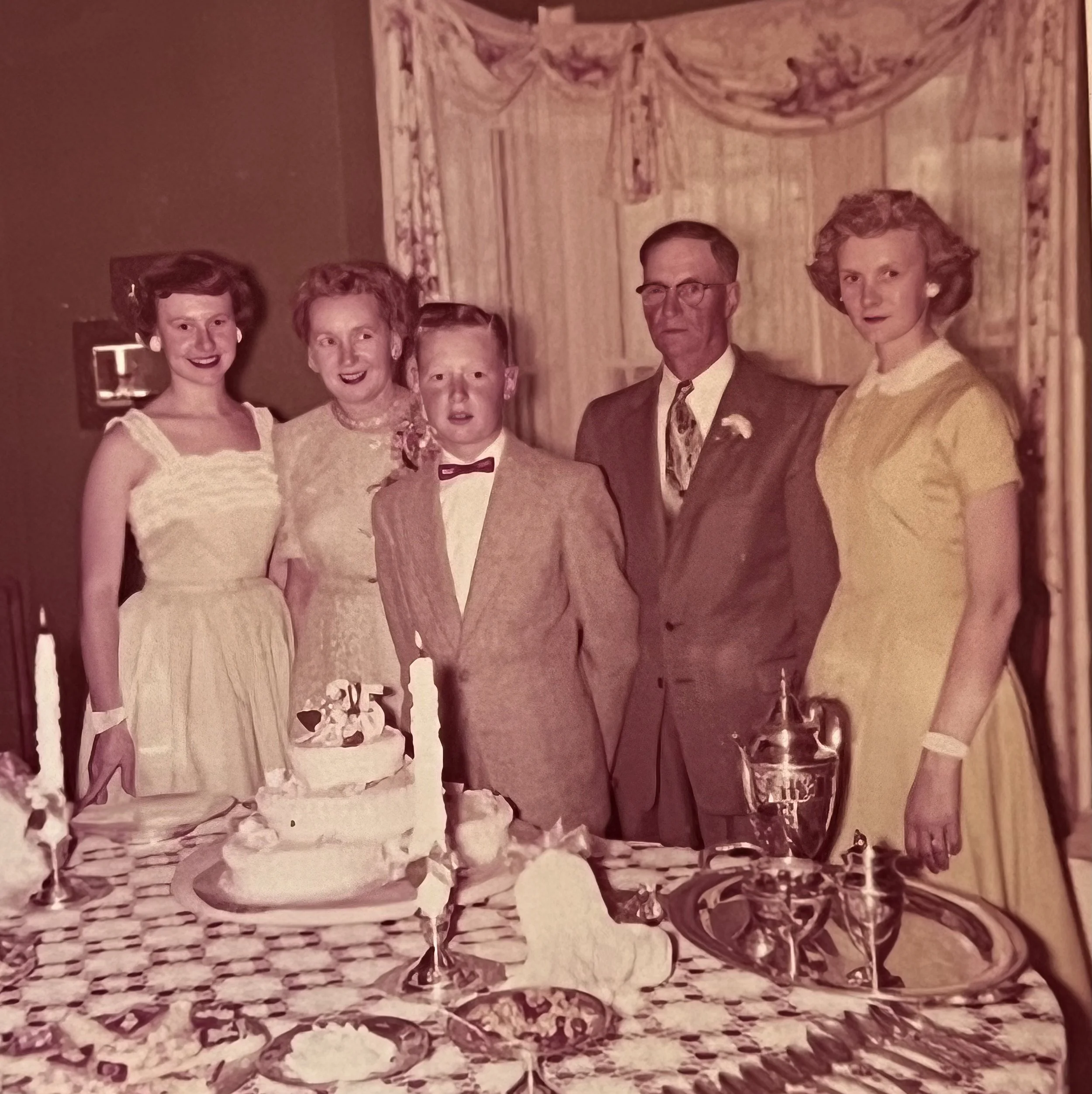 1956 - Pauline, Emma, John, John, & JoeAnn Johnson at Emma & John's 25th anniversary party.