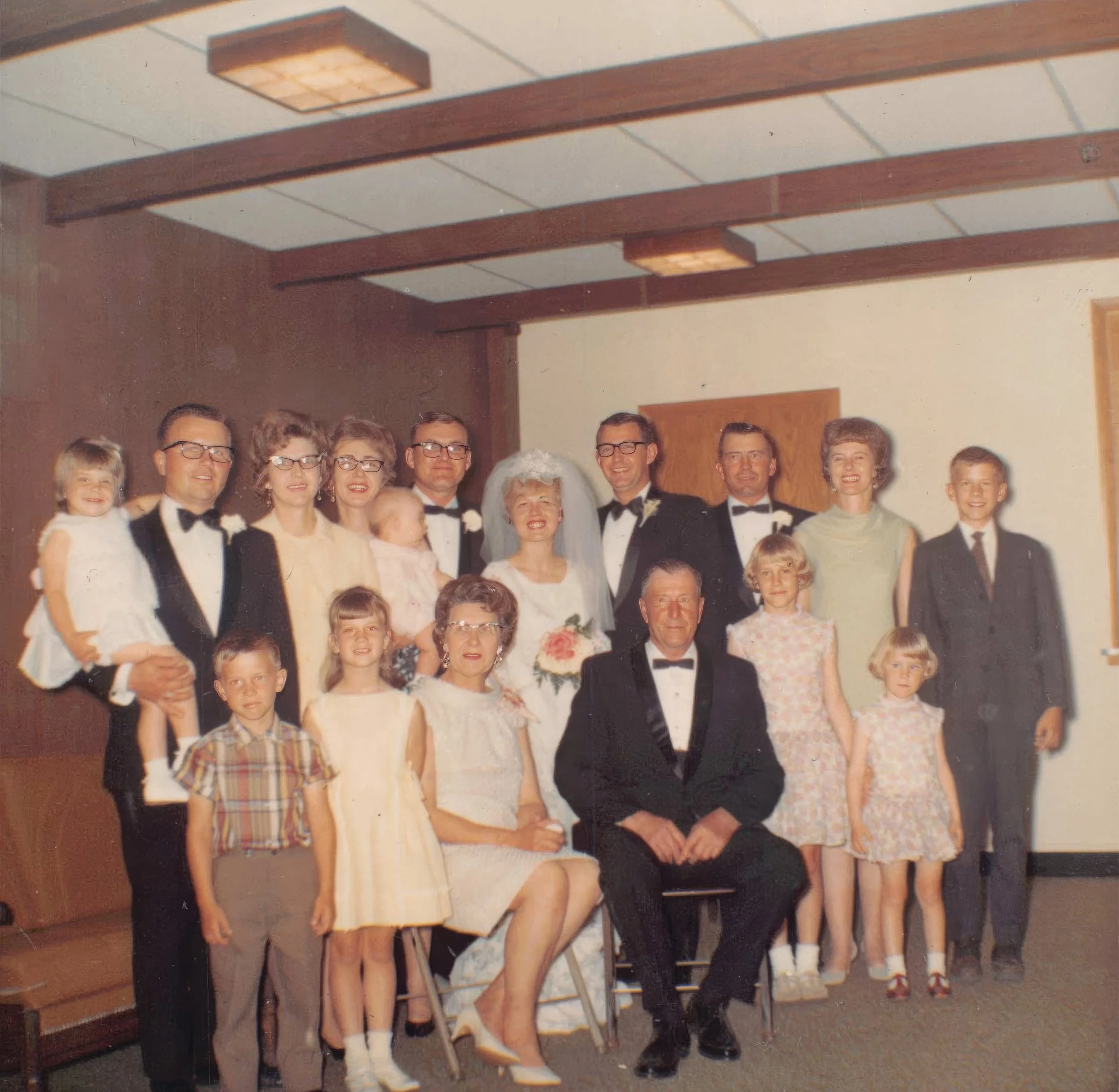 1967 - DelRae & Marvin's wedding - Front: Kevin & Kristi Hammer; Mae & Louis Meyer; Daidre & Rondee Boe. Back: Kamille, Irvin, & Gladys Hammer; Marily, MeLea, & Don Hegre; DelRae & Marvin Meier; Keith, Dodie, & Jeff Boe.