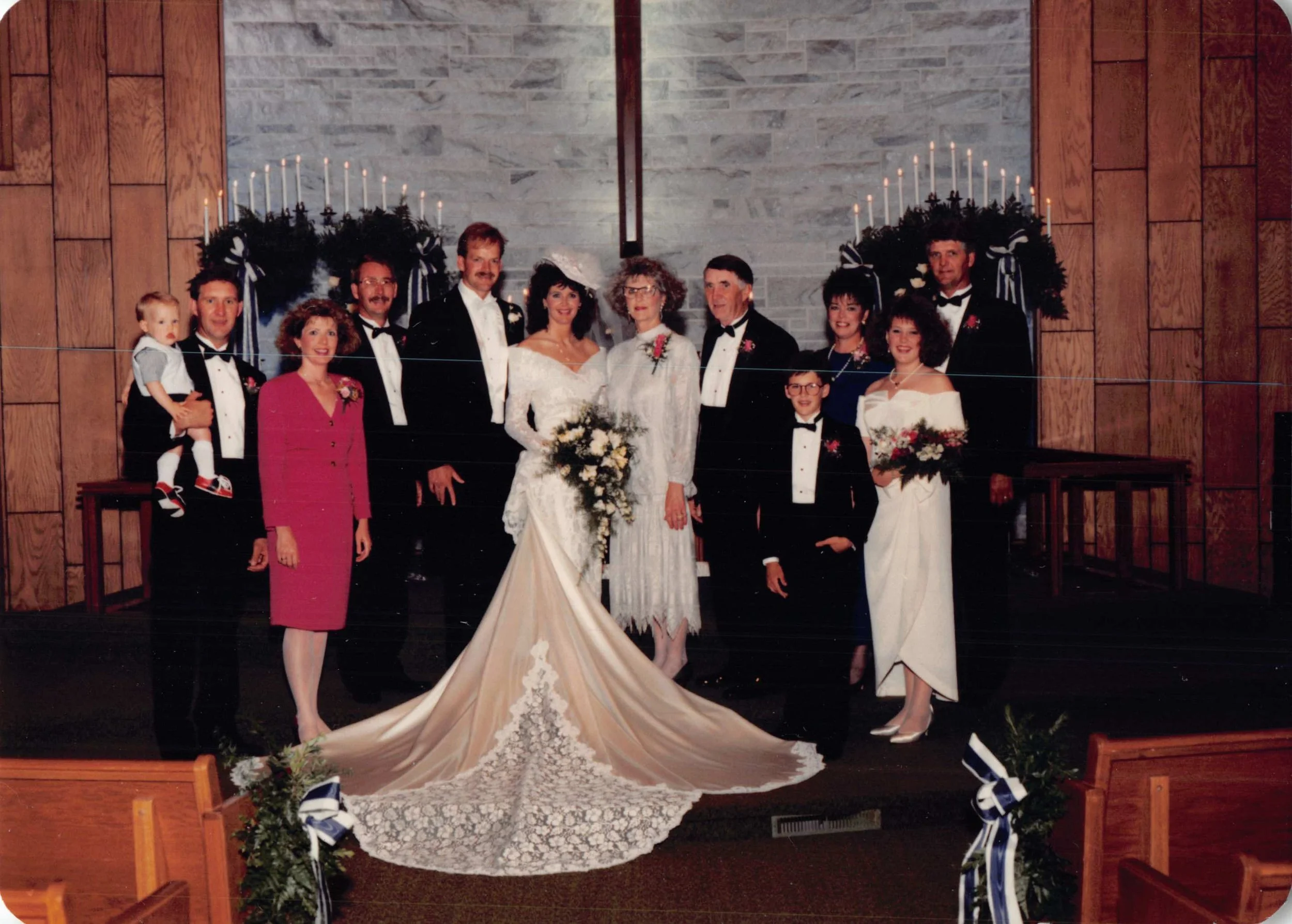 1991 - John & Connie Simpson's wedding - Jackson, Fred, Dorothy, & Rodger Hall; John & Connie Simpson; Beverley, John, TJ, Ruth, Jodi, & Greg Hall.