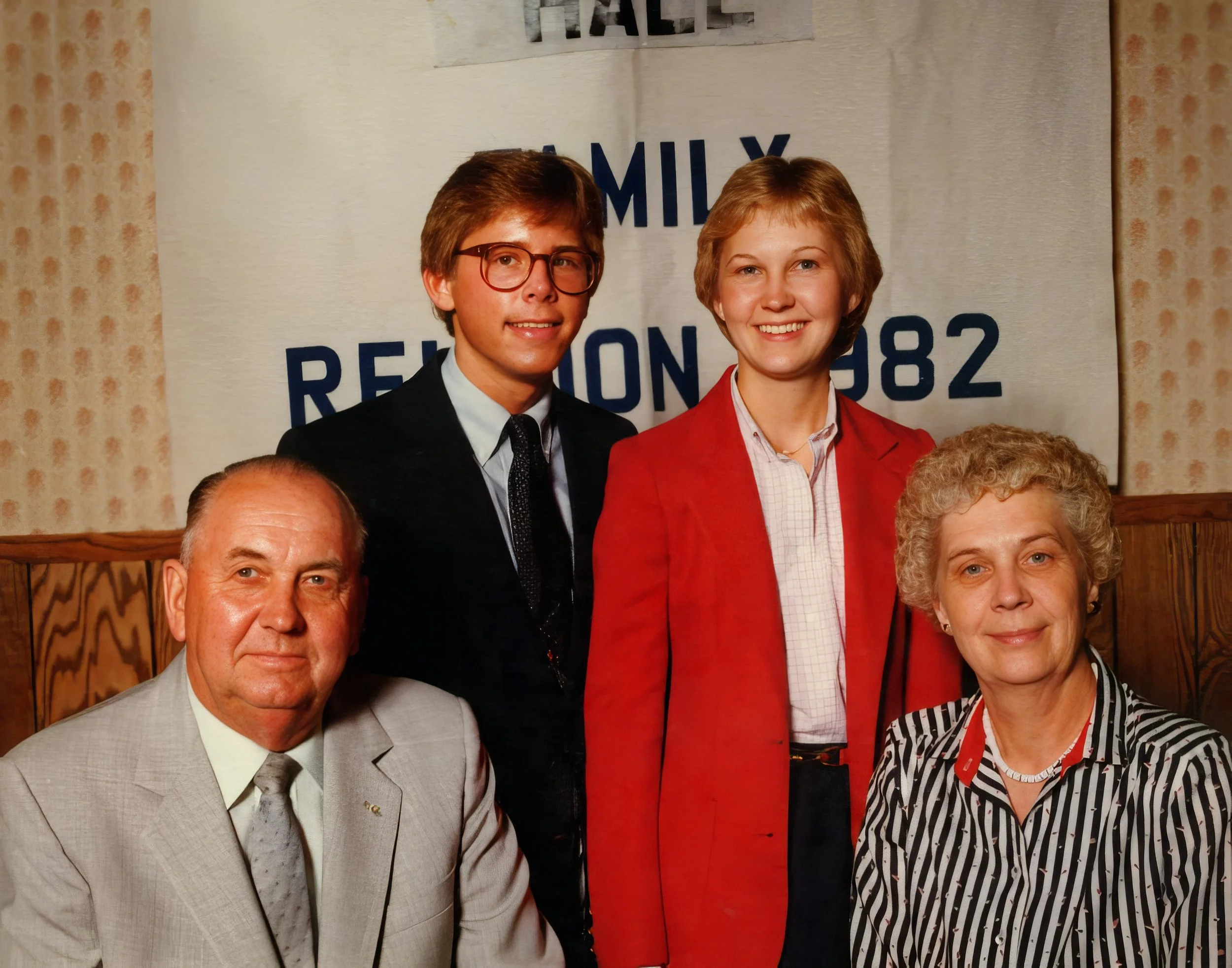 1982 - Family reunion - Bill Hall, Steve Swenson, Joann Hall, Bernice Hall.
