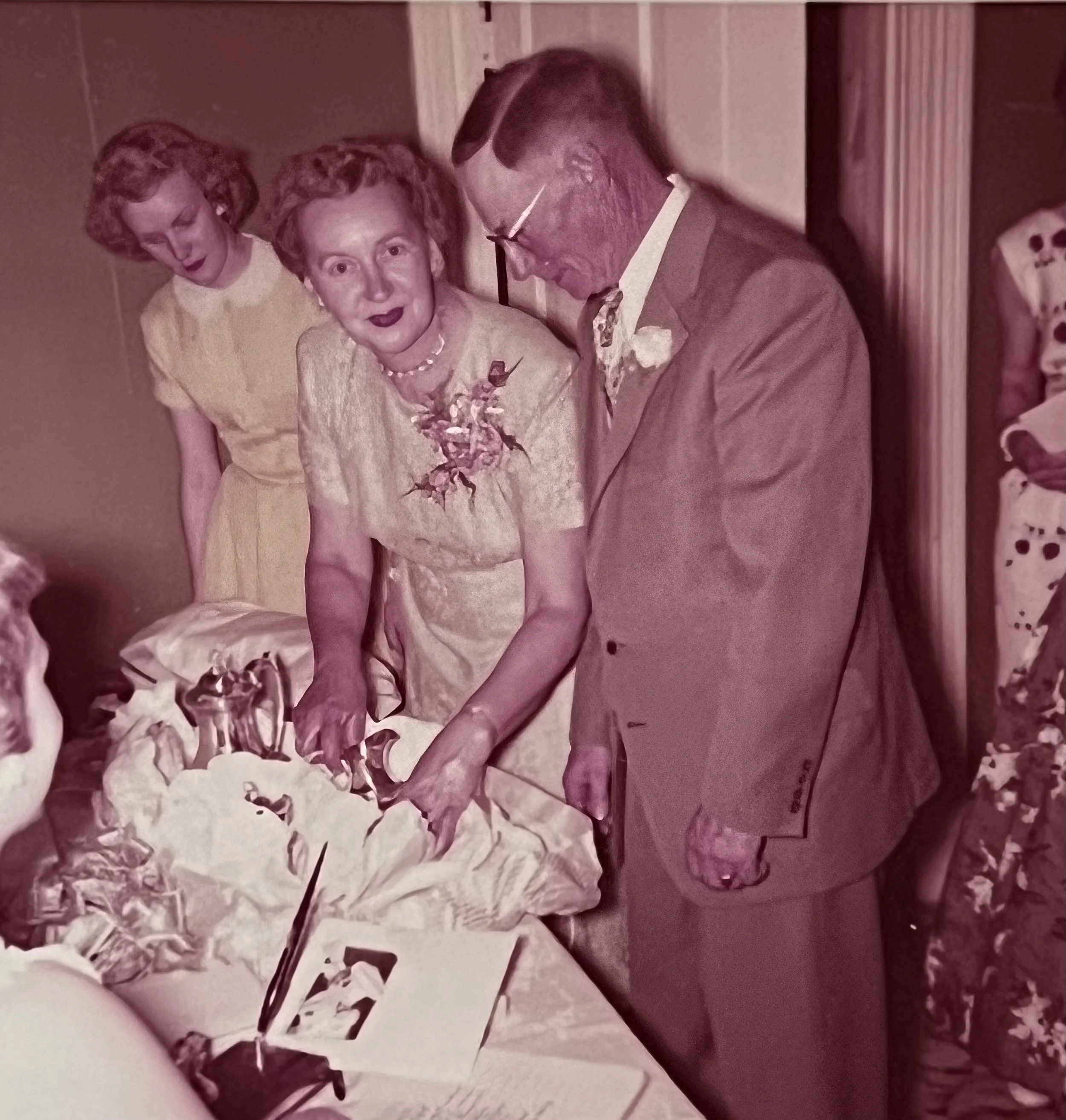 1956 - JoeAnn, Emma, & John Johnson at Emma & John's 25th anniversary party.