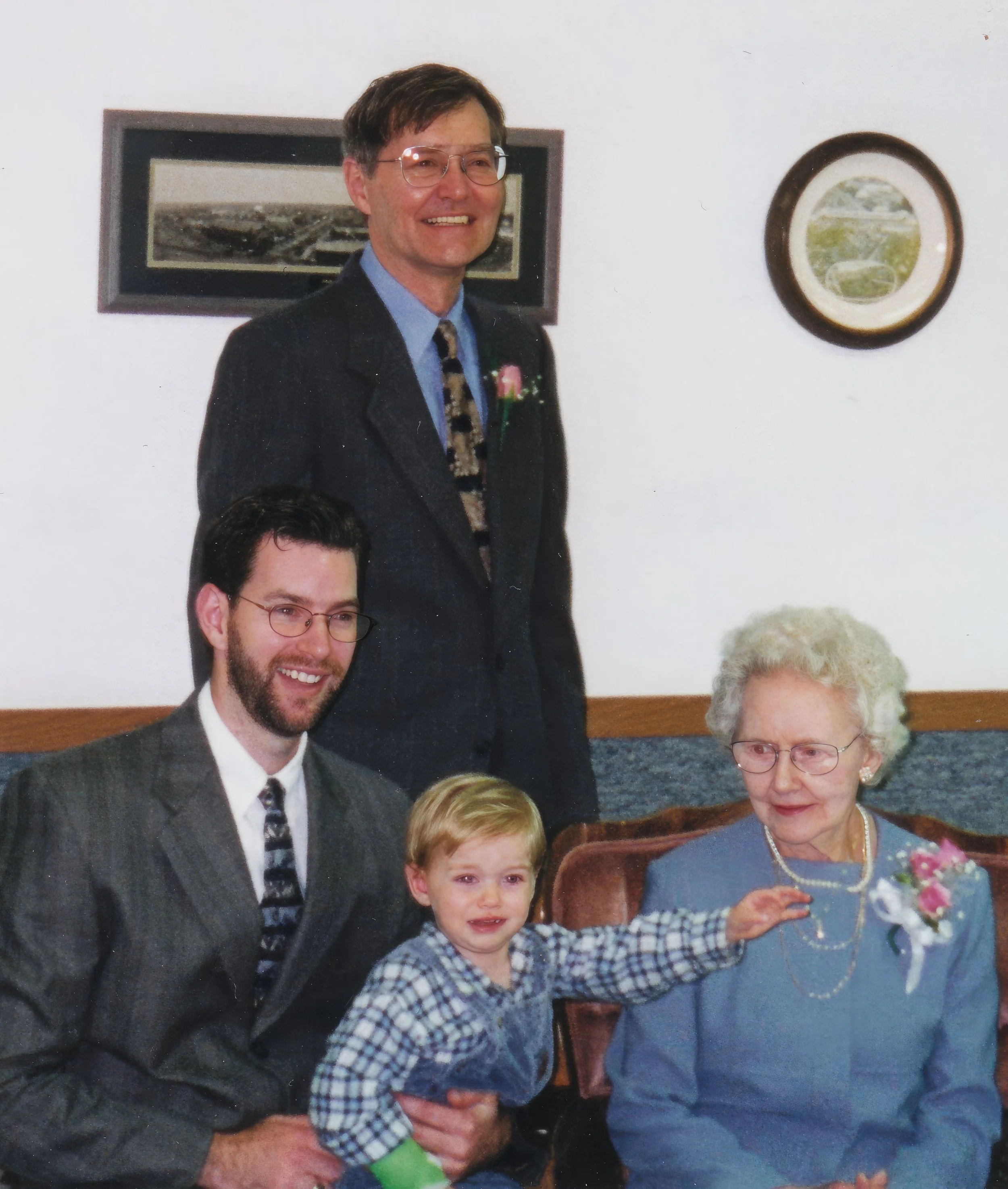 1999 - Christine's 90th birthday party - Front: Todd, Brennan, & Christine Hall; Back: Walter Hall.