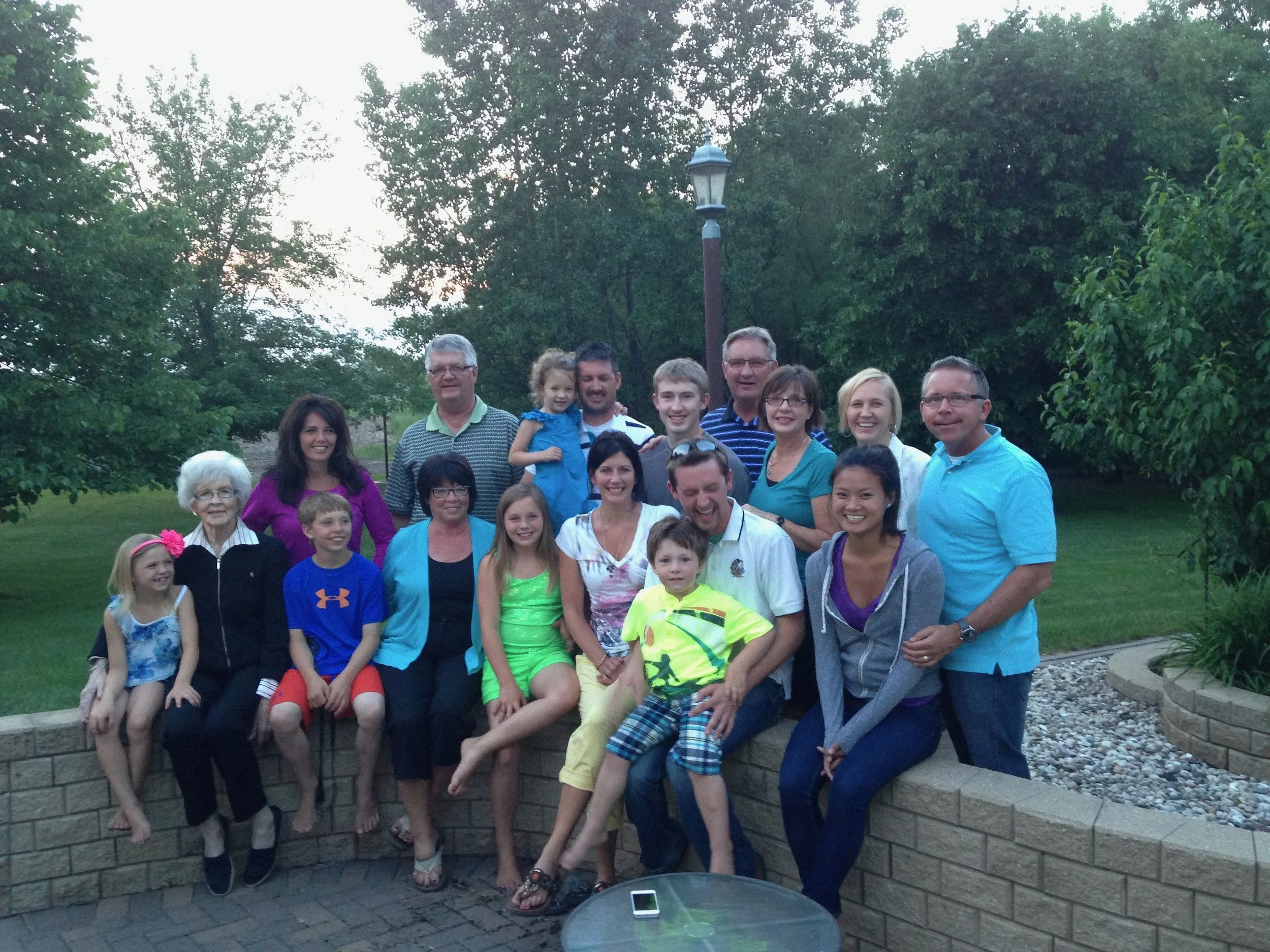 2013 - Front: Haidyn Crockett, Beverley Hall, Jase Crockett, Ruth Hall, Halle Crockett, Katie Hall, Brooks Crockett, Jackson Hall, Leah Swenson. Back: Jodi Crockett; Greg, Gianna, TJ, Taylor, Fred, & Dorothy Hall; Joann & Steve Swenson.