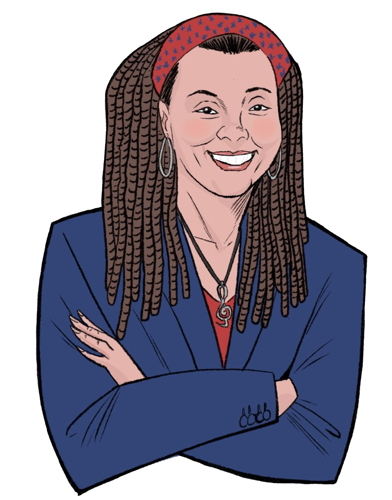 A woman with long braided hair wearing a red headband with blue stars, hoop earrings, a blue blazer, and a necklace, smiling with arms crossed.