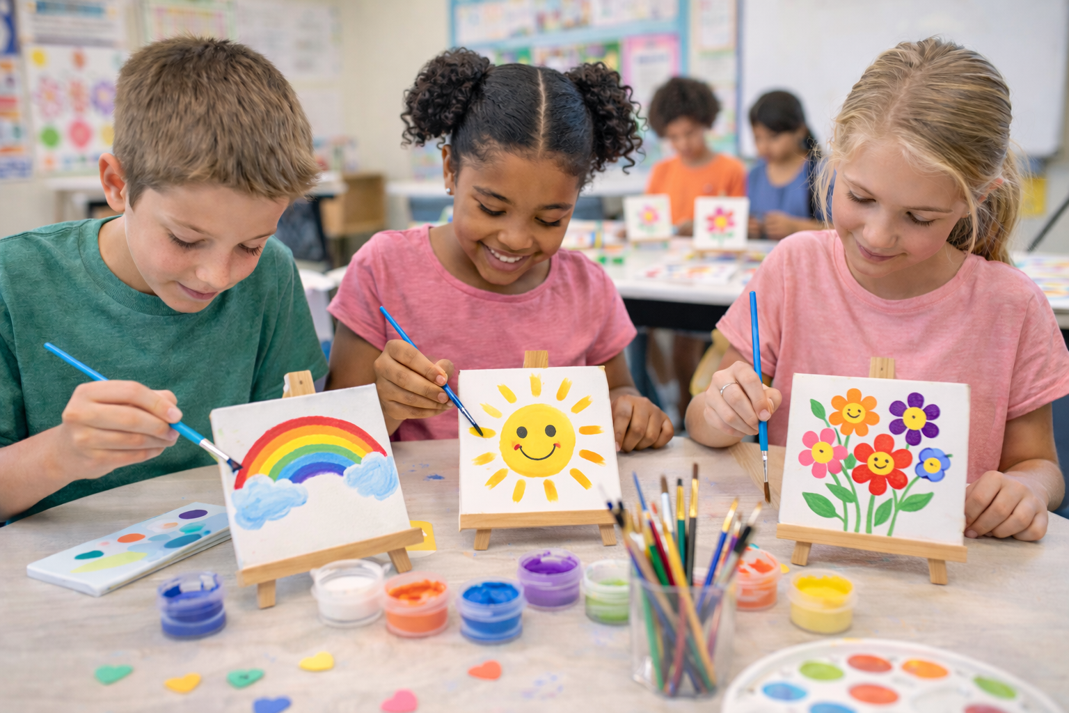 Three children painting small canvases with cheerful images of a rainbow, a smiling sun, and colorful flowers in a classroom.