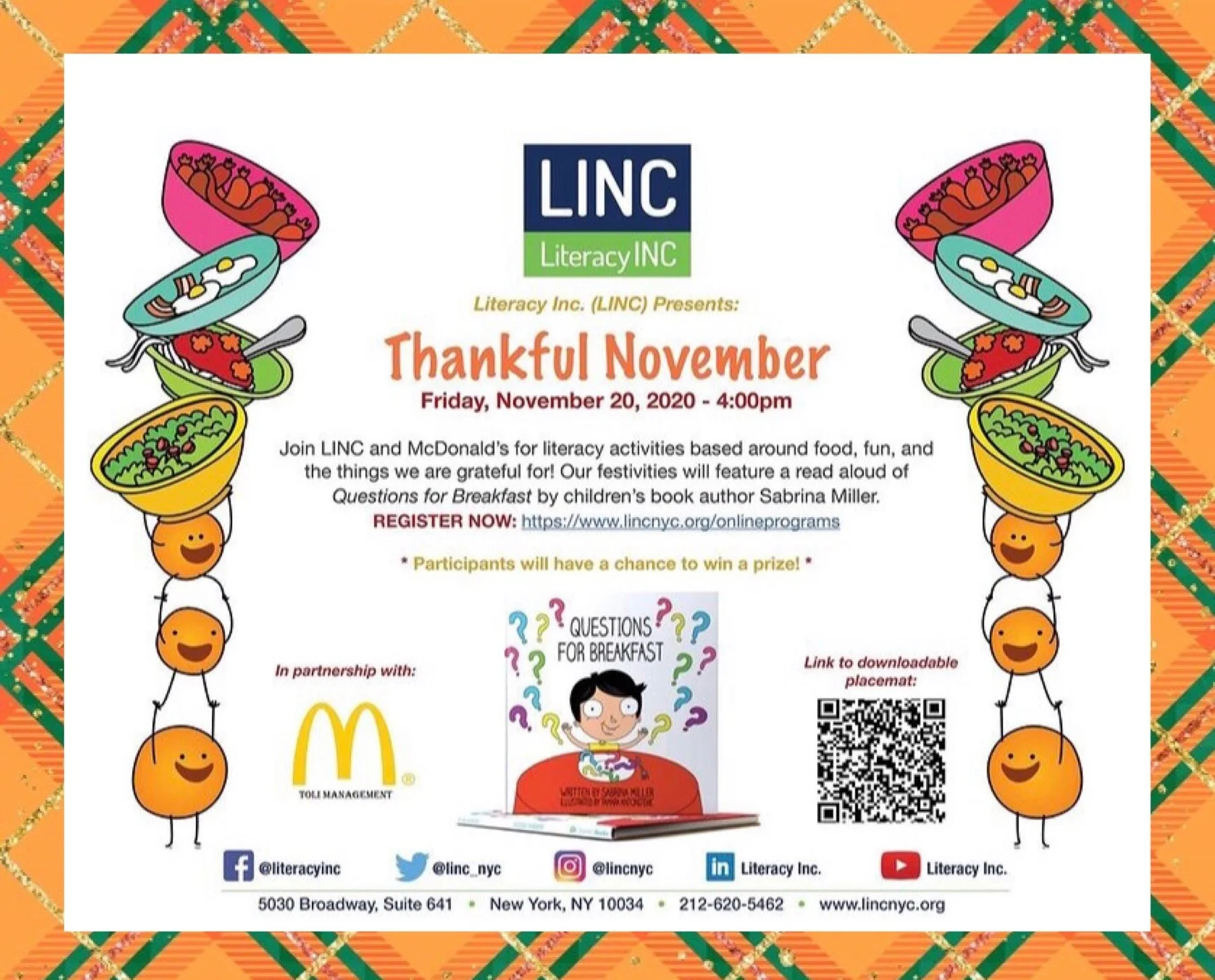 Flyer for a literacy event called 'Thankful November' hosted by Literacy Inc. (LINC) in partnership with McDonald's, scheduled for November 20, 2020, at 4:00 PM. The flyer features cartoon illustrations of smiling oranges, bowls of food, and a book cover titled 'Questions for Breakfast' by Sabrina Miller. It includes registration details, a QR code, and social media handles for Literacy Inc., along with the address 5030 Broadway, Suite 641, New York, NY 10034.