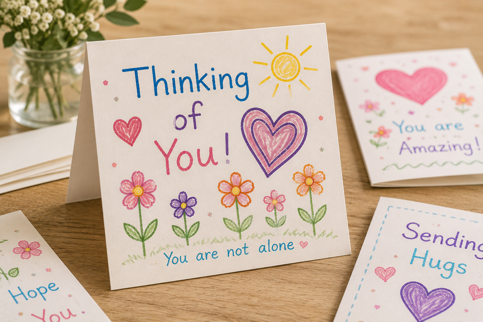 Hands drawing a colorful greeting card with the words "Thinking of You" and illustrations of clouds, hearts, and flowers.