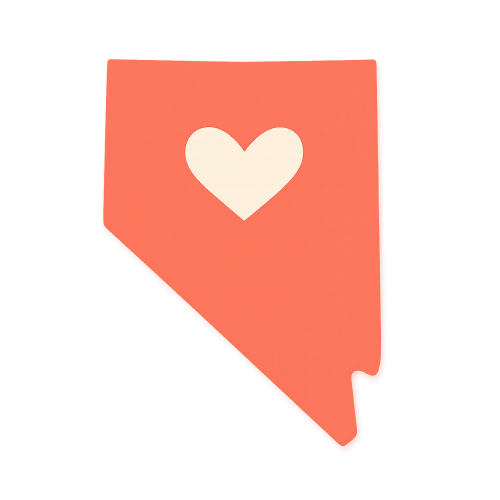 Illustration of the state of Nevada with a white heart symbol in the center and a red tab on the bottom right.