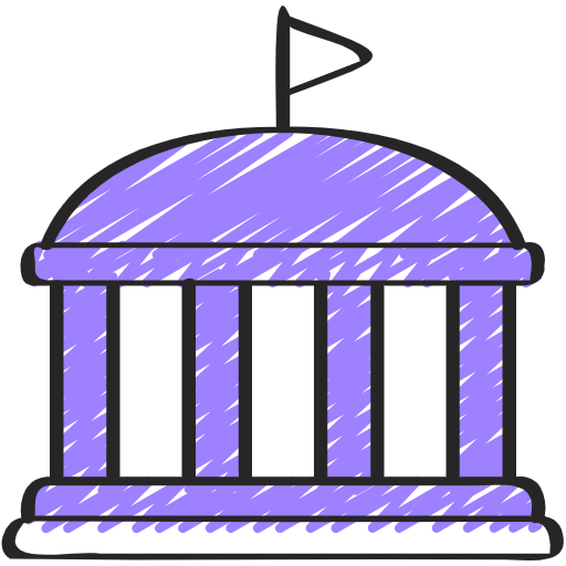 A purple and black hand-drawn sketch of a classical building with columns and a dome, topped with a flag.