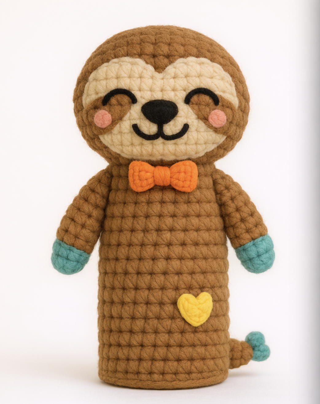 Crocheted stuffed toy of a smiling lion with a beige face, brown body, teal paws, and a yellow heart on its belly, standing against a plain white background.