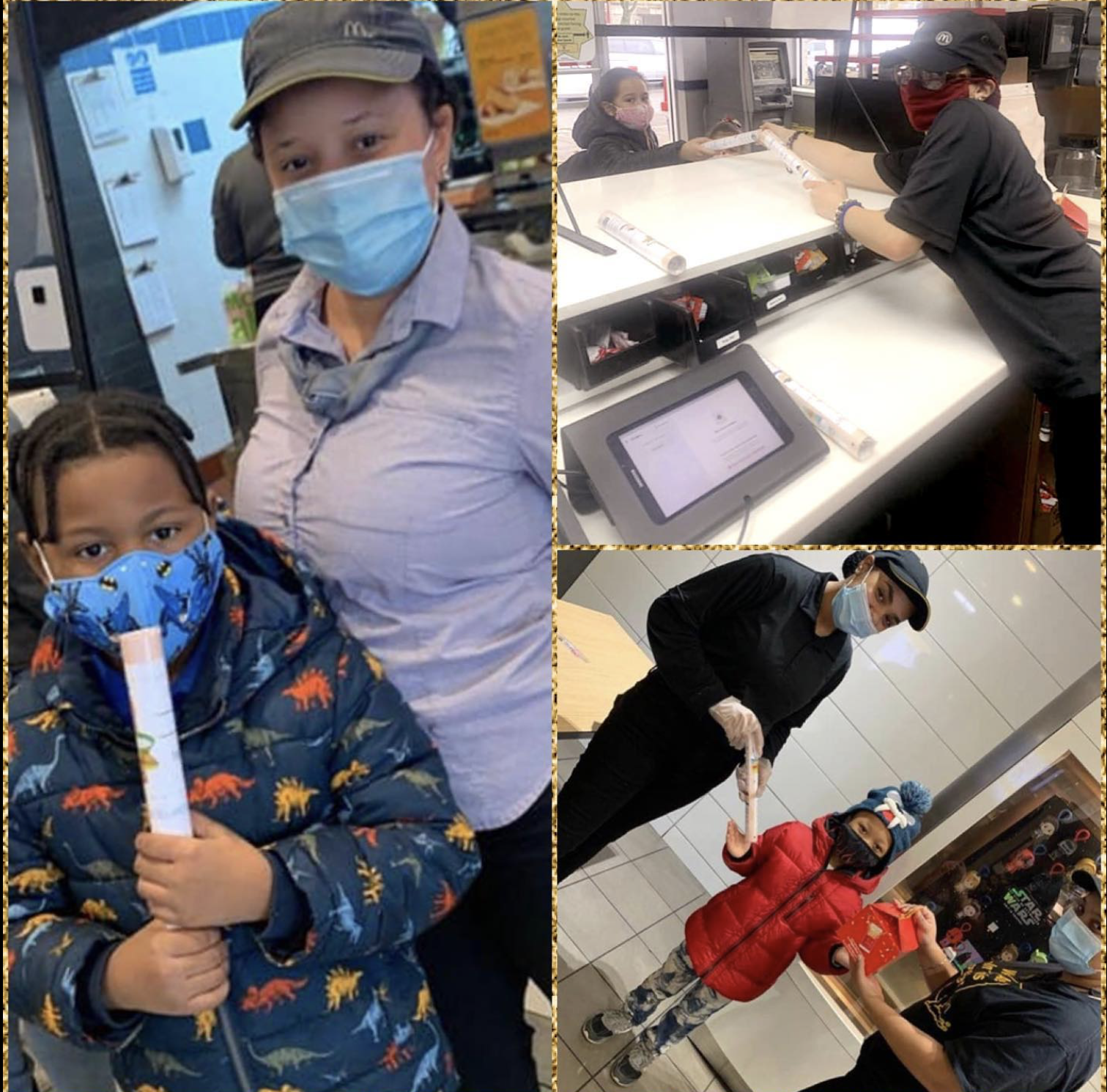 Collage of four photos showing children and adults at a retail store. In the top left, a boy and girl wearing masks, with the girl holding a rolled item. In the top right, a girl at the checkout counter exchanging a paper with a cashier. In the bottom right, a woman handing a young boy a card or gift bag. In the bottom left, a woman and a child in masks, with a checkout screen visible in the background.