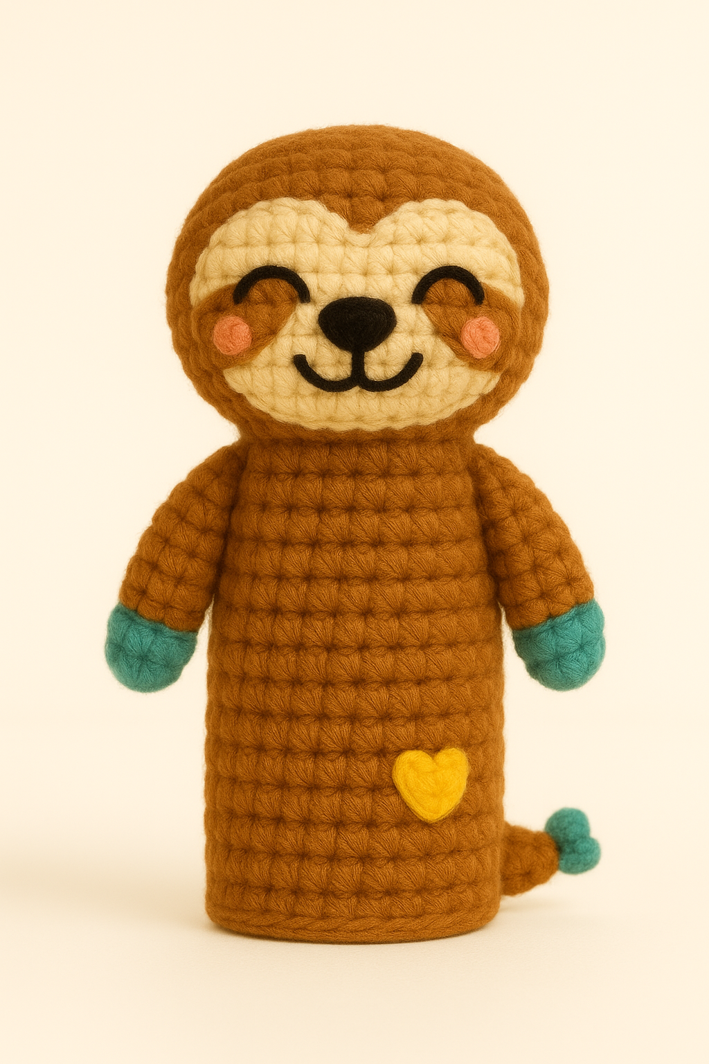 Crocheted stuffed toy of a smiling lion with a beige face, brown body, teal paws, and a yellow heart on its belly, standing against a plain white background.