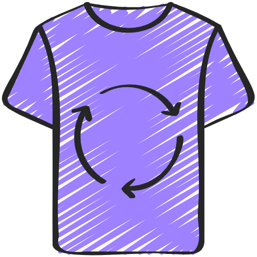 Illustration of a purple T-shirt with a circular arrow graphic indicating recycling or rotation.