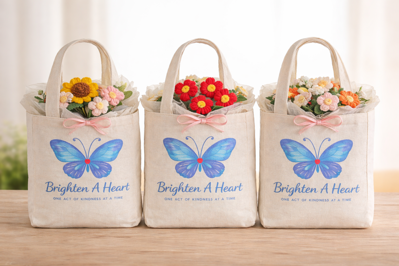 Three beige fabric tote bags with pink bows and blue butterfly logos, filled with colorful fabric flower bouquets in shades of pink, red, orange, yellow, and white, on a wooden surface.