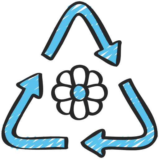 Recycling symbol with a flower in the center.