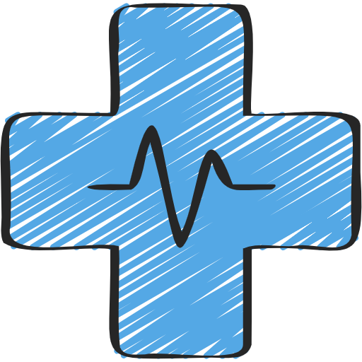 A blue medical cross with a black outline and a heartbeat line in the center