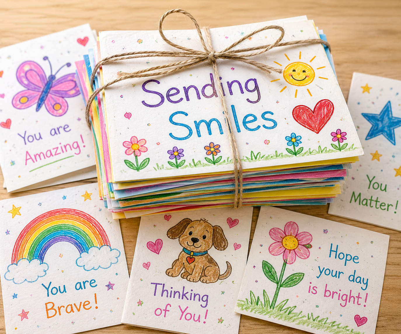 Stack of handmade cards with colorful drawings and the words 'Sending hugs' written on top, tied with a piece of twine, on a wooden surface.