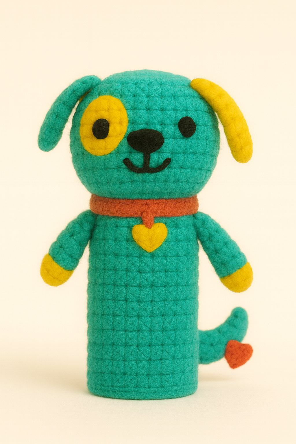 Crocheted stuffed animal resembling a dog with a turquoise body, yellow ears and eye patch, orange collar with yellow heart, and a curly tail with a red heart at the tip.