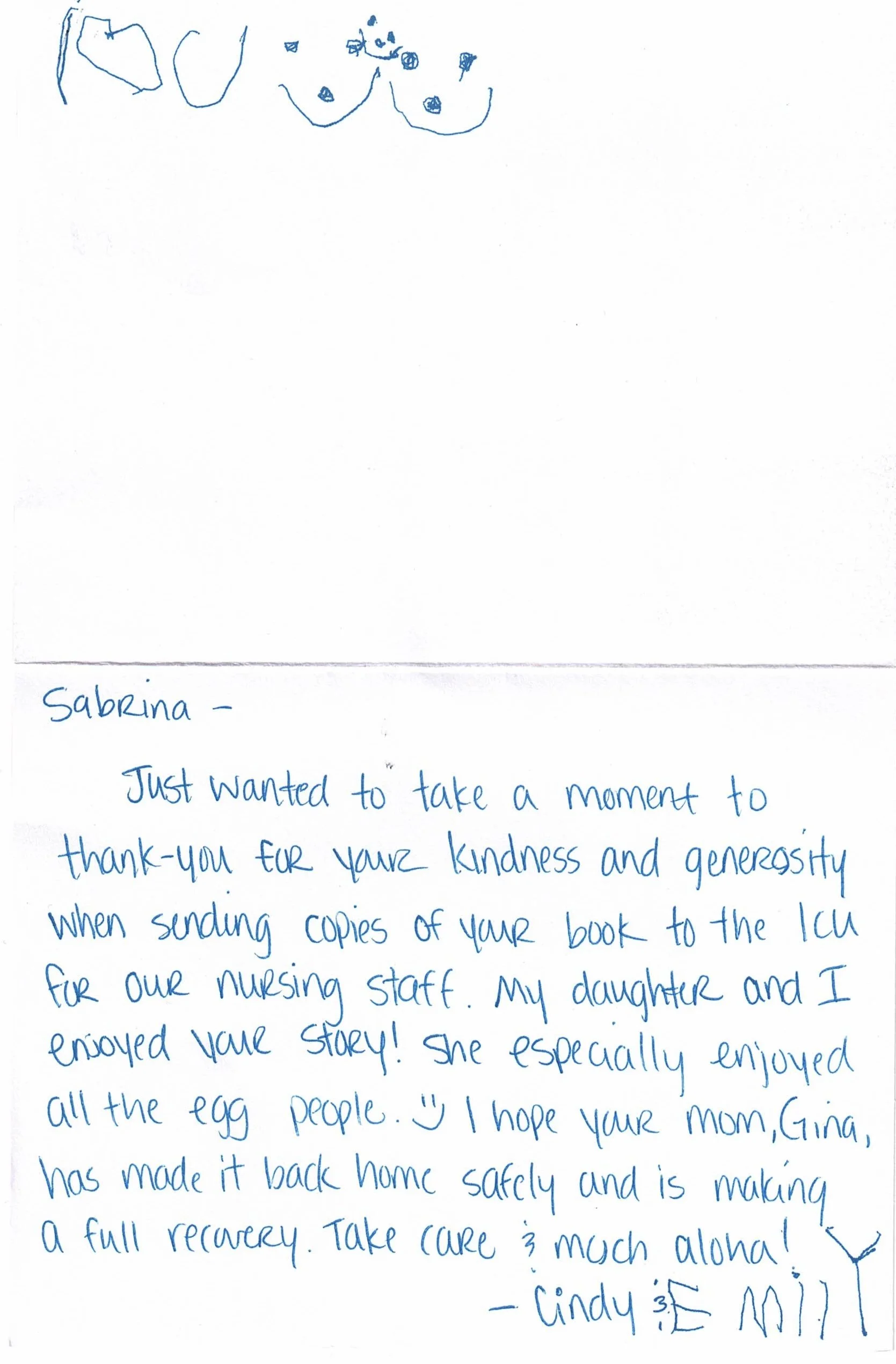 Child's handwritten note on a white paper with doodles at the top. The note is addressed to Sabrina, thanking her for her kindness and generosity in sending copies of her book to nursing staff, sharing a story about her daughter, and wishing her mom a full recovery. The note is signed 'Cindy' with some doodles at the bottom, including a star, a heart, and a face.