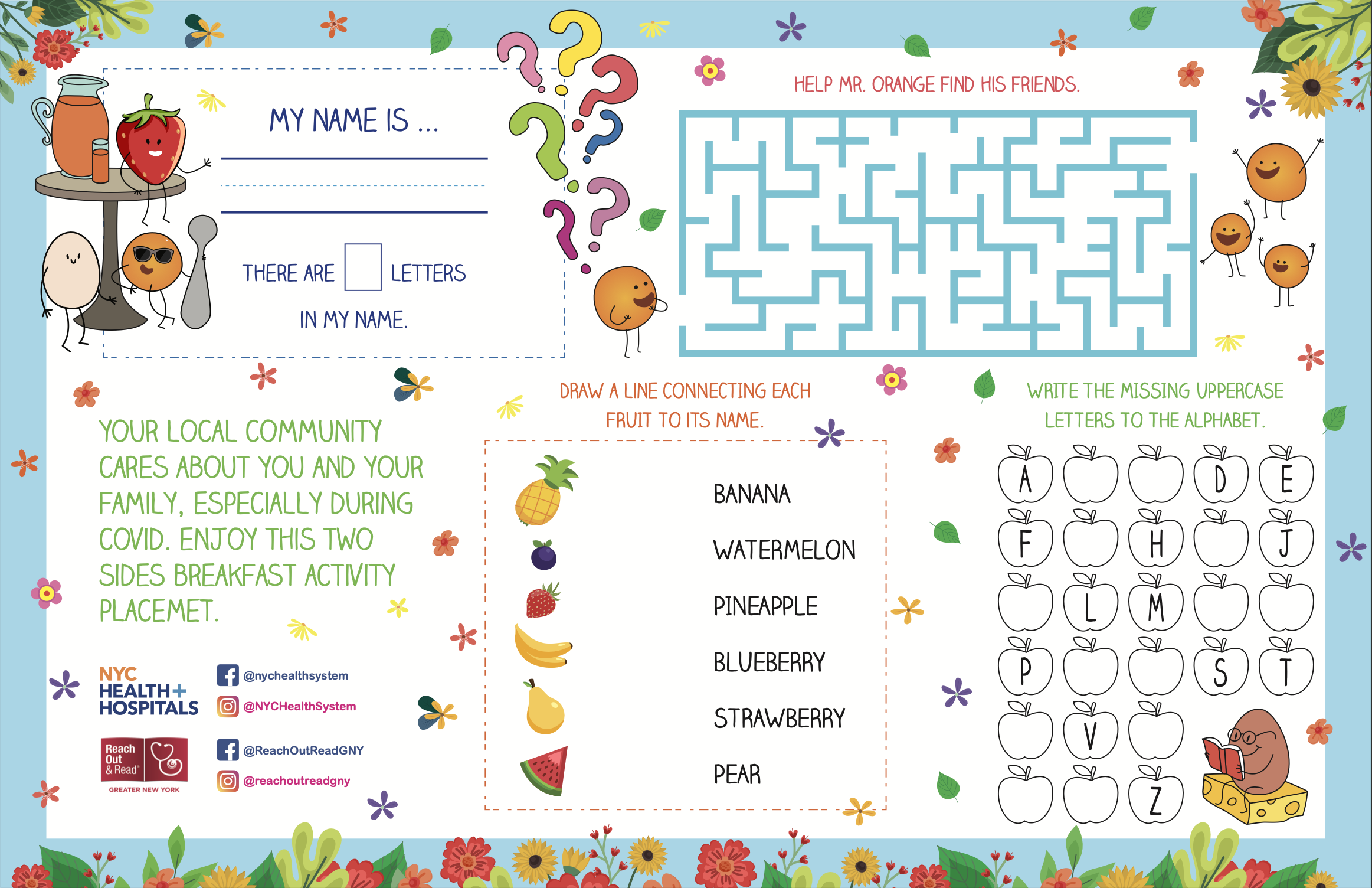 Children's activity worksheet with a colorful border filled with flowers, leaves, and butterflies. The worksheet includes a fruity maze, a matching activity connecting fruits to names, and a letter writing exercise. There are cartoon characters of fruits with faces, arms, and legs, and a section with social media handles and health organization logos.
