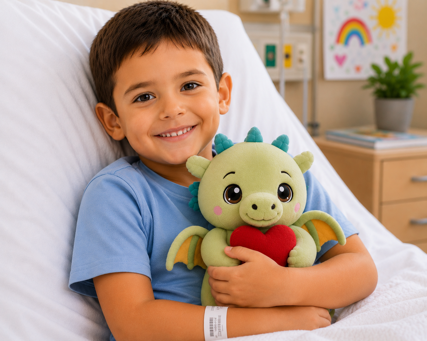 A young girl sitting in a bed, smiling and holding a plush unicorn toys with rainbow-colored mane and horn, beside an open coloring book, with colorful markers in a cup and books on a bedside table.